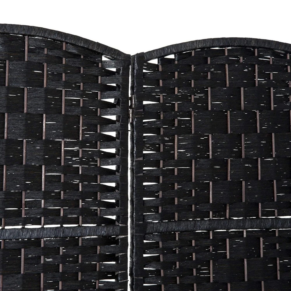 6 Ft Tall Four-Panel Wicker Weave Room Divider, Black Wood Privacy Screen - Image 5