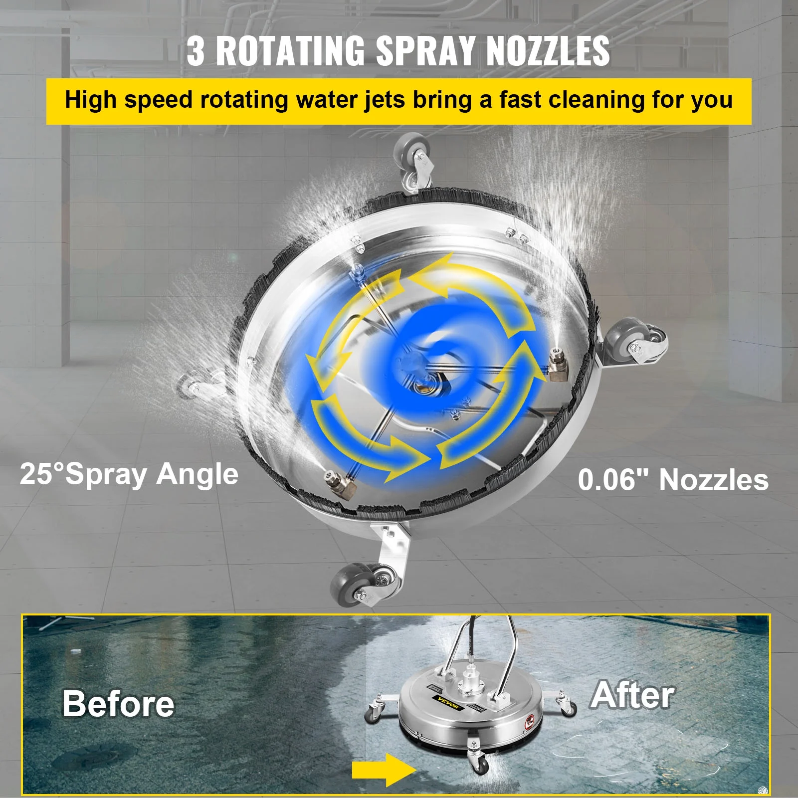 VEVOR 21" Surface Cleaner Pressure Flat Surface Cleaning 4000 PSI Max Working Pressure Flat Surface Cleaner Stainless Steel Rotating Surface Cleaner with 3 Nozzle Front Spray Bar - Image 8