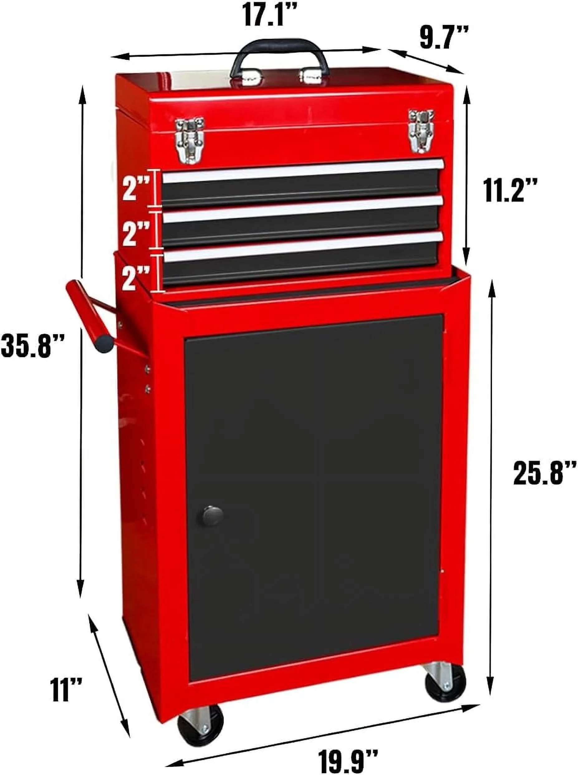 HPDAVV Detachable 3 Drawer Tool Chest Large Storage Cabinet and Adjustable Shelf Red - Image 3