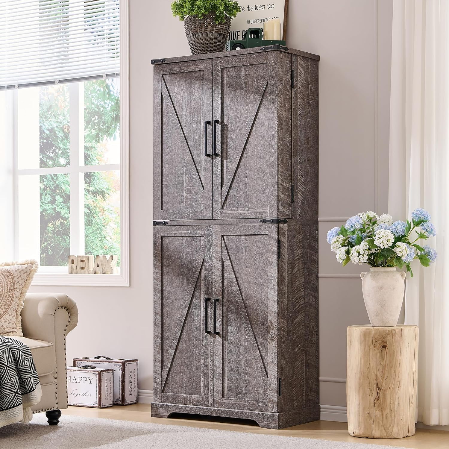 47" Kitchen Pantry, Farmhouse Storage Cabinet with Barn Doors, Organizer and Adjustable Shelves, Rustic Wood Cupboard for Kitchen, Dining Room, Bathroom and Hallway, Black - Image 22
