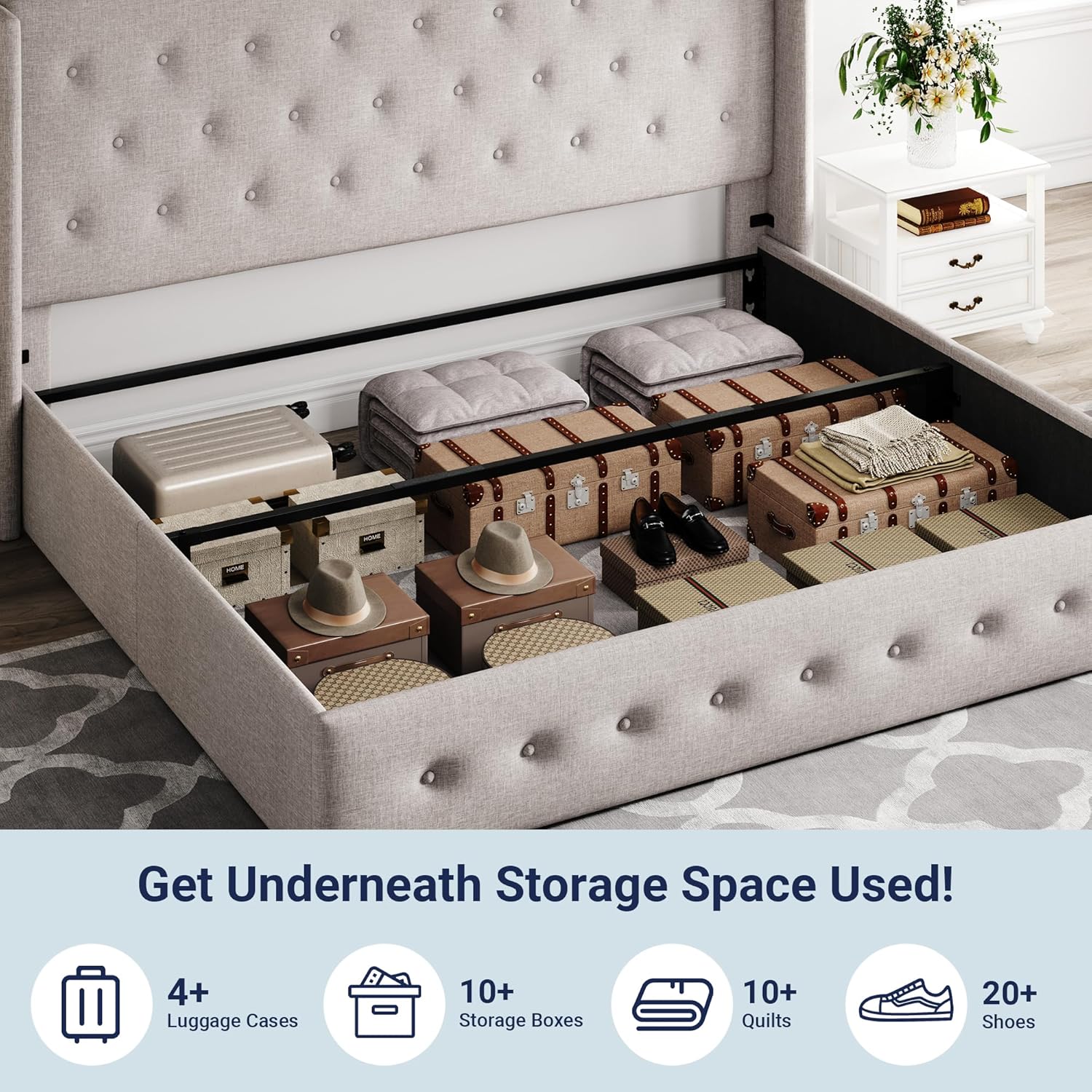 Queen Size Lift Up Storage Bed with Wingback Headboard, Upholstered Platform Bed Frame with Hidden Storage - Image 133