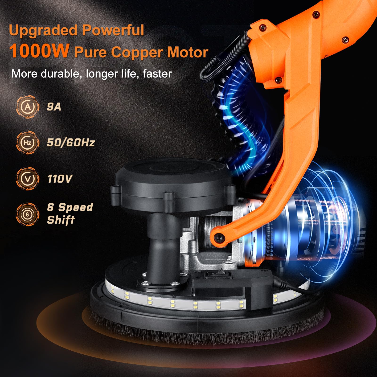 1000W Drywall Sander with Vacuum and LED Light, Electric Wall and Ceiling Sander with Dust Collection - Image 2