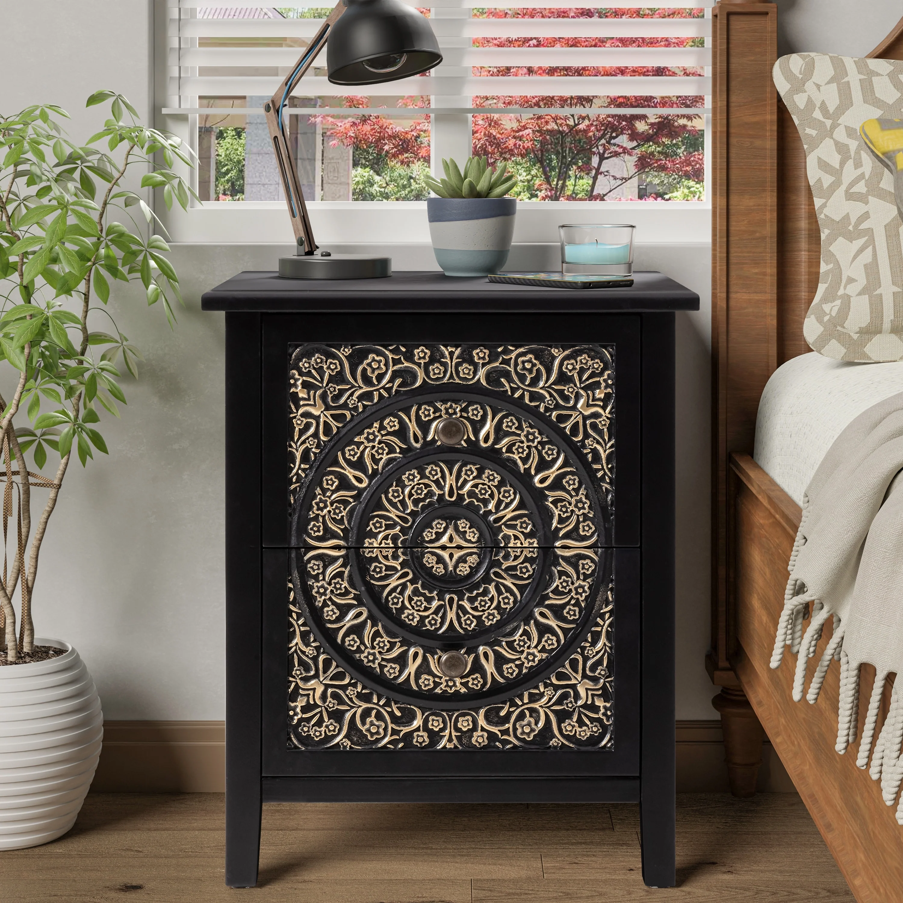 Farmhouse Fully Assembled Nightstand with 2 Drawers, Flower Motif End Table for Small Spaces - Image 3