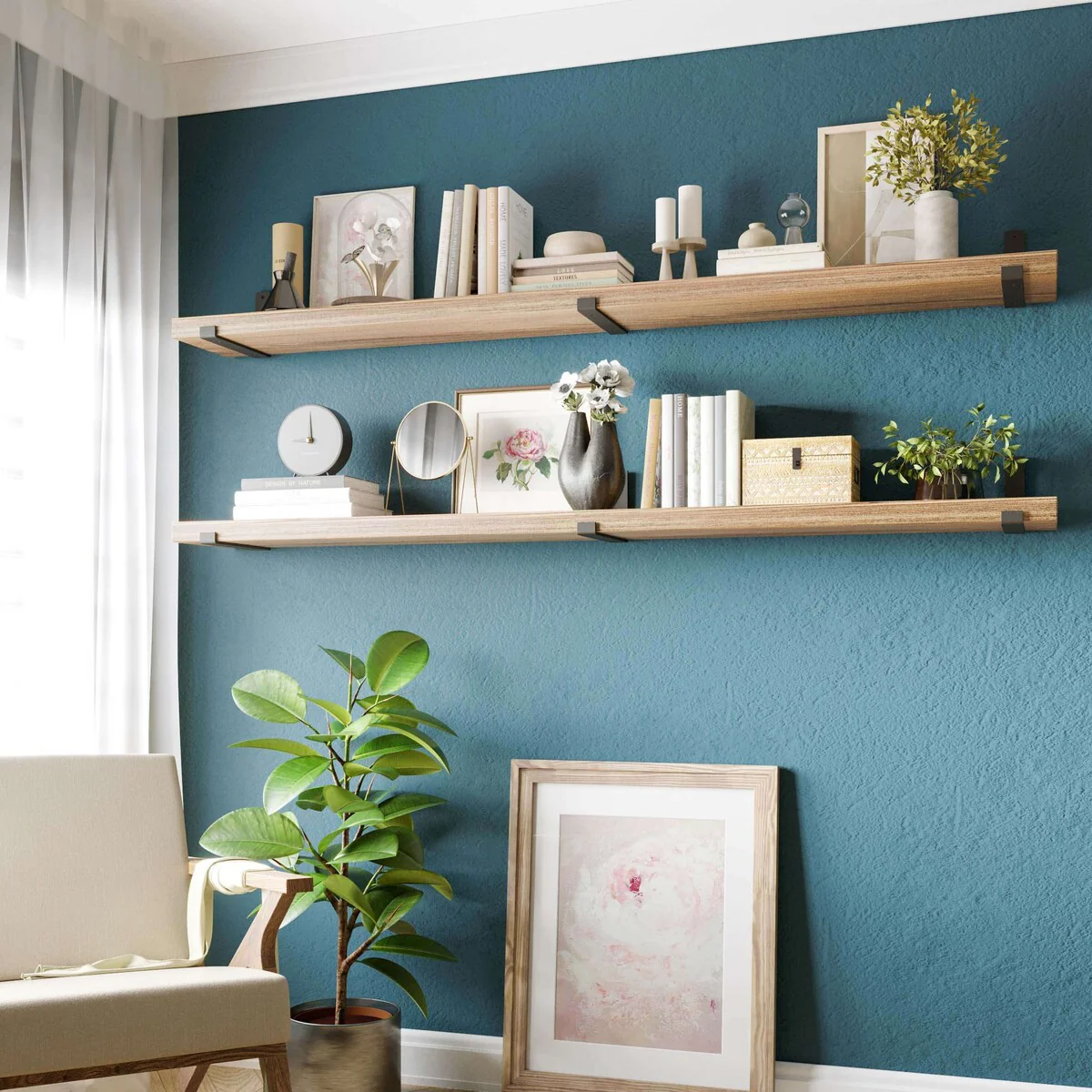 72 Inch Floating Wood Wall Shelves, Set of 2 Burnt Wood Display and Storage Shelves for Home Decor - Image 2