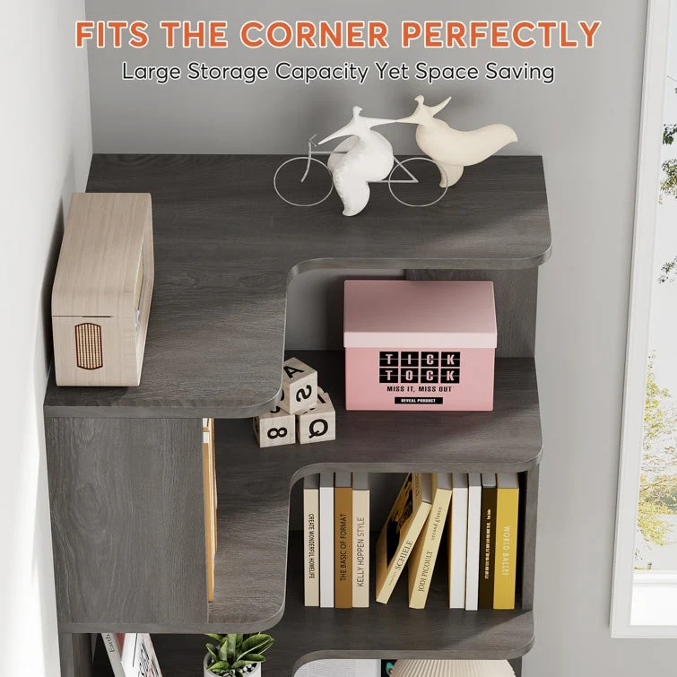 64.9 Inch Tall 6-Tier Corner Bookshelf, Freestanding Wood Industrial Bookcase - Image 7