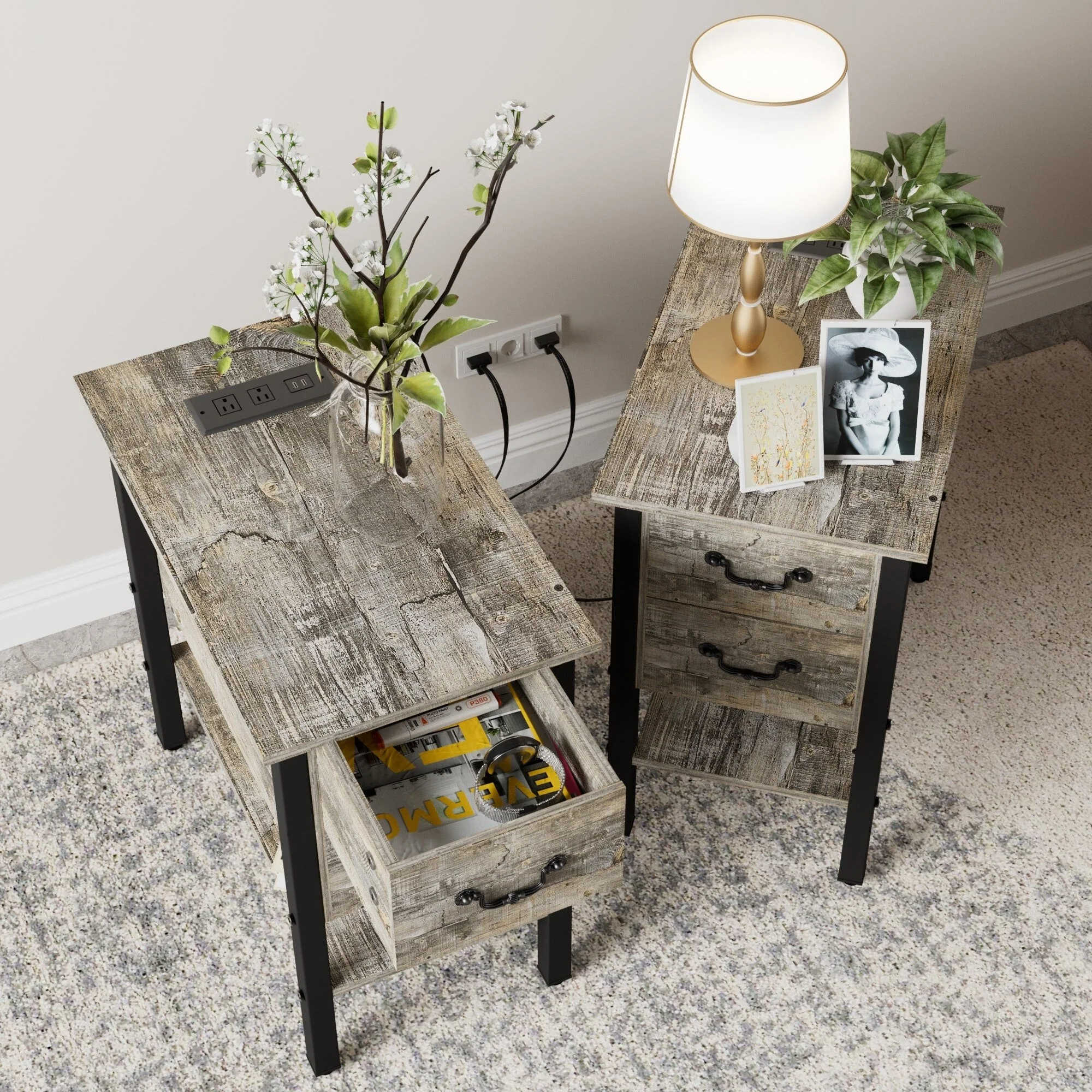 Narrow End Table with Charging Station, Chairside Table with Drawers, USB Ports and Power Outlets - Image 7