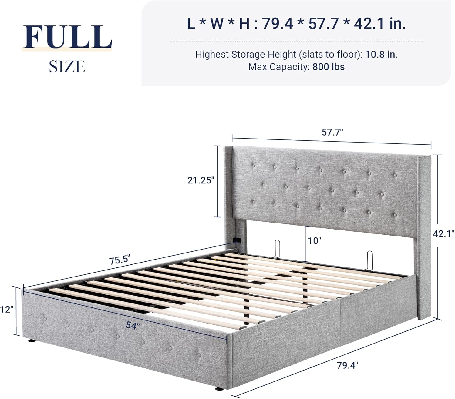 Queen Size Lift Up Storage Bed with Wingback Headboard, Upholstered Platform Bed Frame with Hidden Storage - Image 162