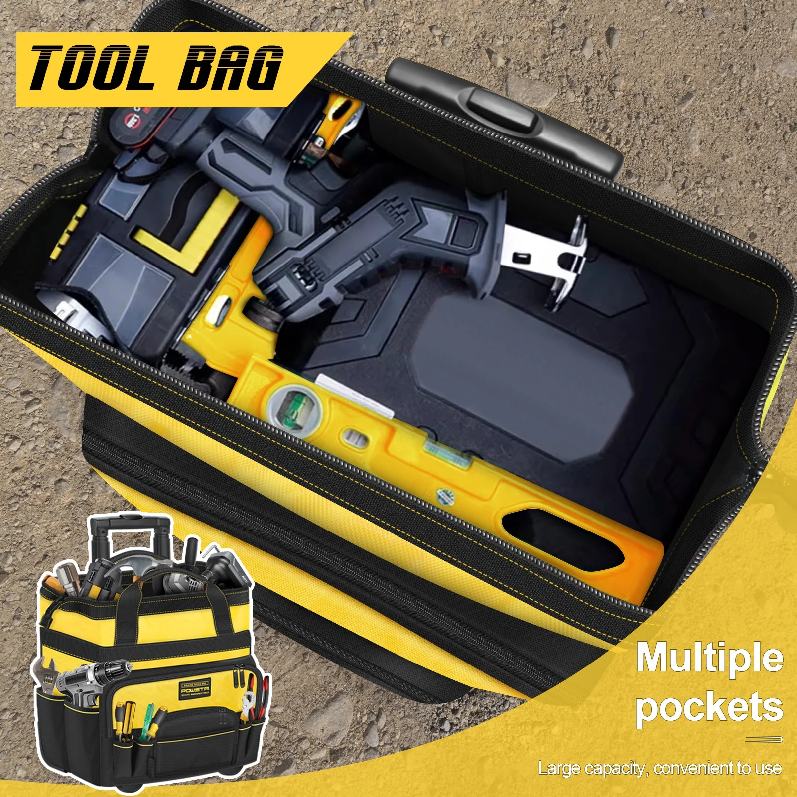 18" Rolling Tool Bag with Wheels, 15-Pocket Heavy Duty Rolling Tool Storage Bag with Retractable Handle for Construction, Carpentry, Repair - Image 7
