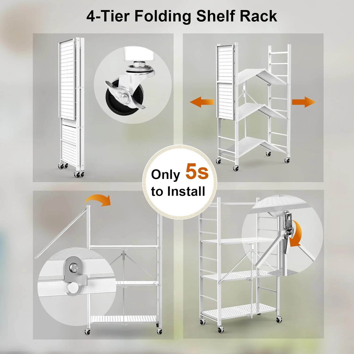 Storage Shelves with 20 Hooks, 4-Tier Foldable Shelves for Storage, Folding Shelf Unit Pantry Shelves with Wheels, Metal Shelving Storage Rack Shelf for Kitchen Garage Home, Black - No Assembly - Image 29