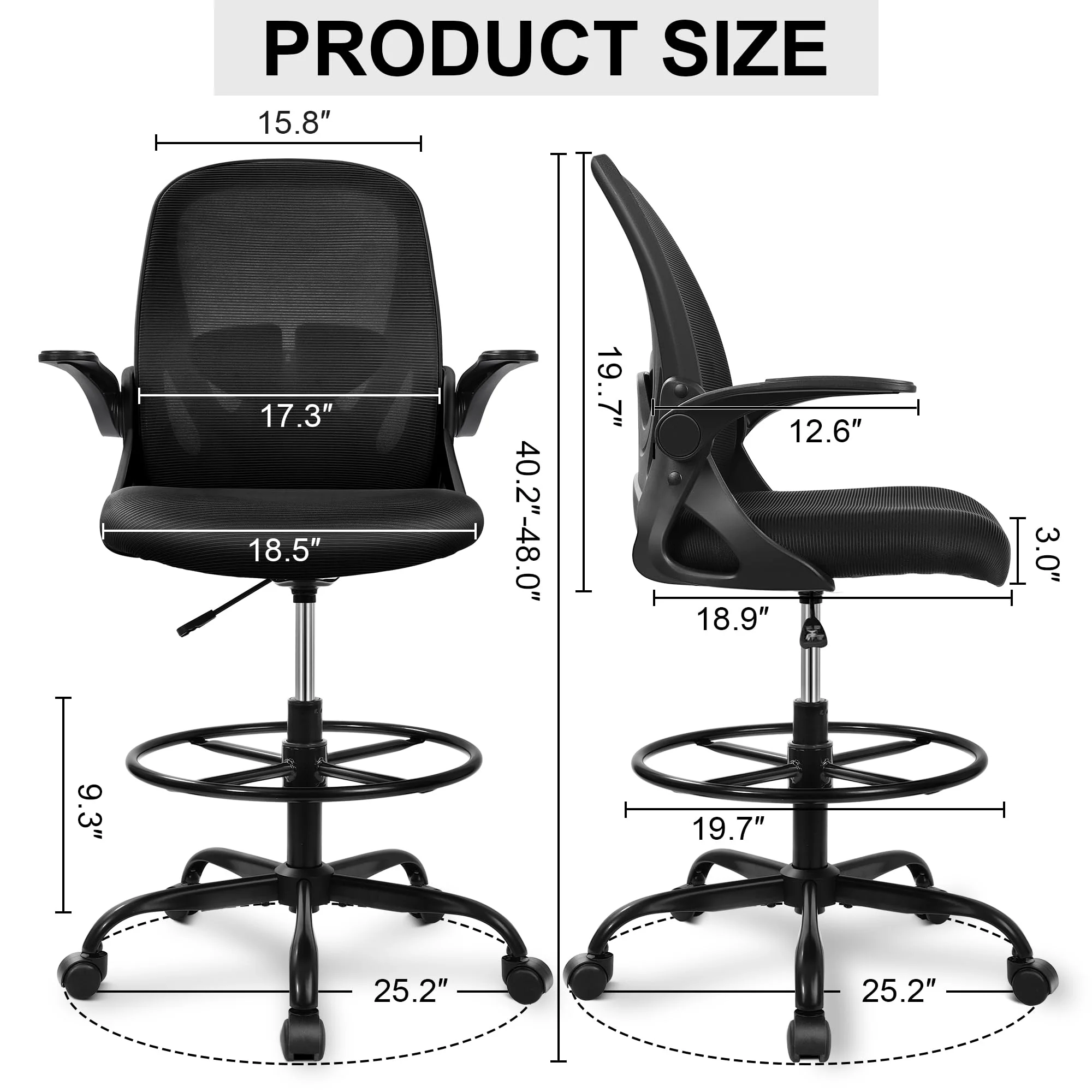 Ergonomic Drafting Chair - Tall Office Chair with Lumbar Support and Adjustable Height - Image 3