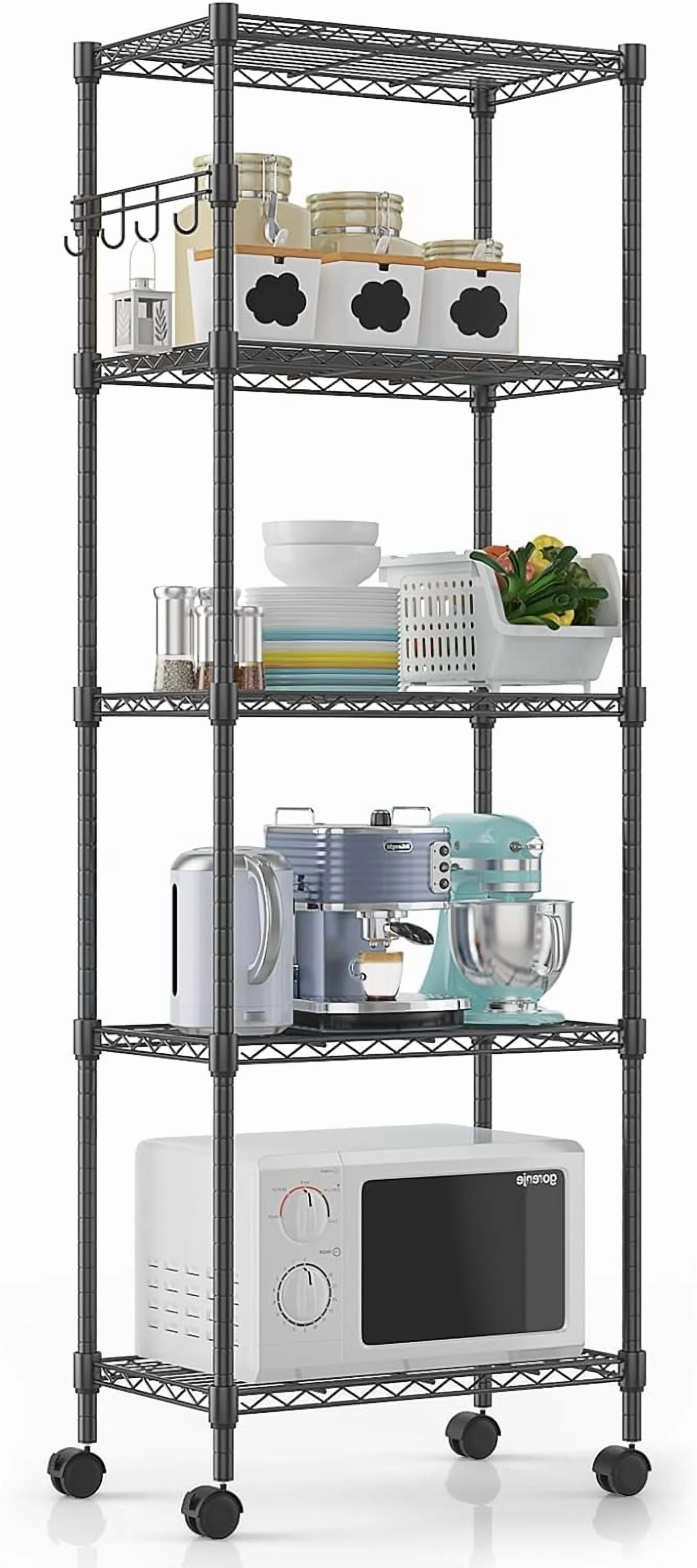 5-Tier Storage Shelf Wire Shelving Unit on Wheels, Adjustable Heavy Duty Metal Shelves with Side Hooks, Steel Rack Organization for Kitchen Garage Basement, Silver - Image 26
