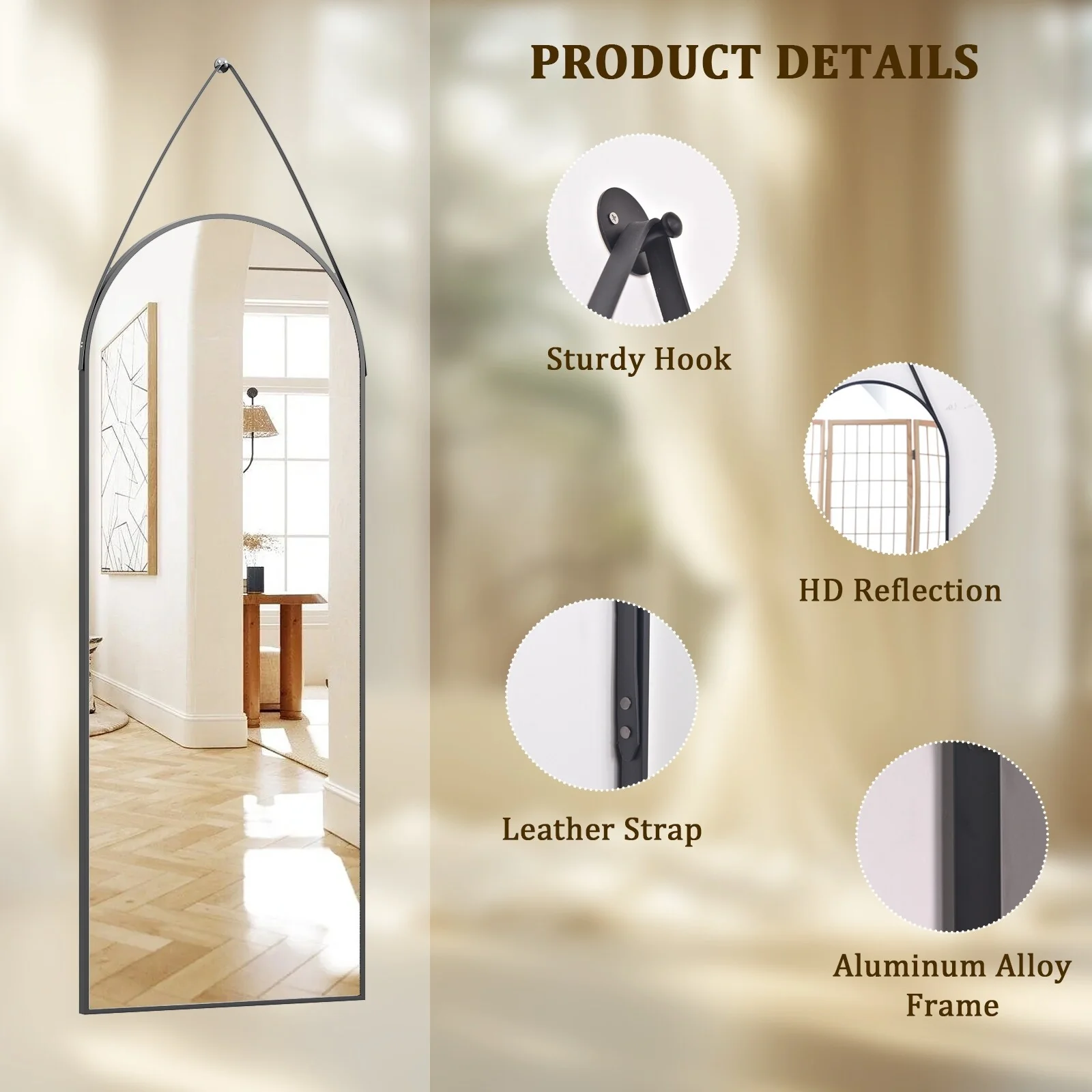 48 x 16 Inch Full Length Wall Mirror with Leather Strap, Hanging Full Body Mirror for Bedroom, Entryway and Home Decor - Image 11