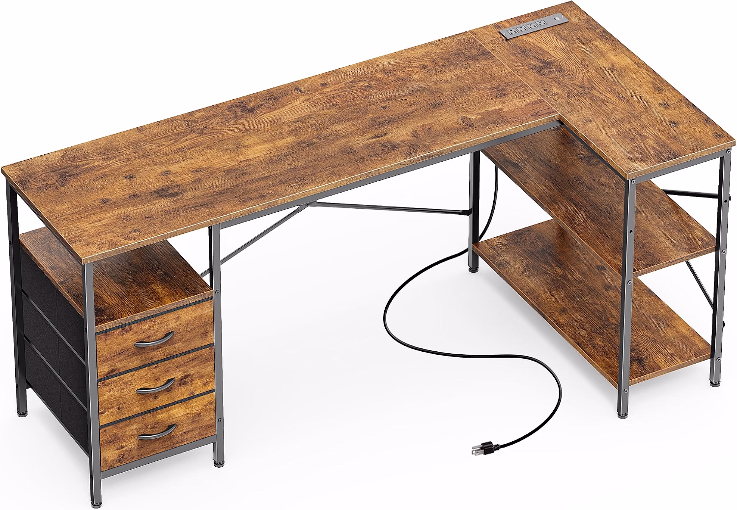 L Shaped Office Desk with Power Outlets & 3 Drawers - Image 7