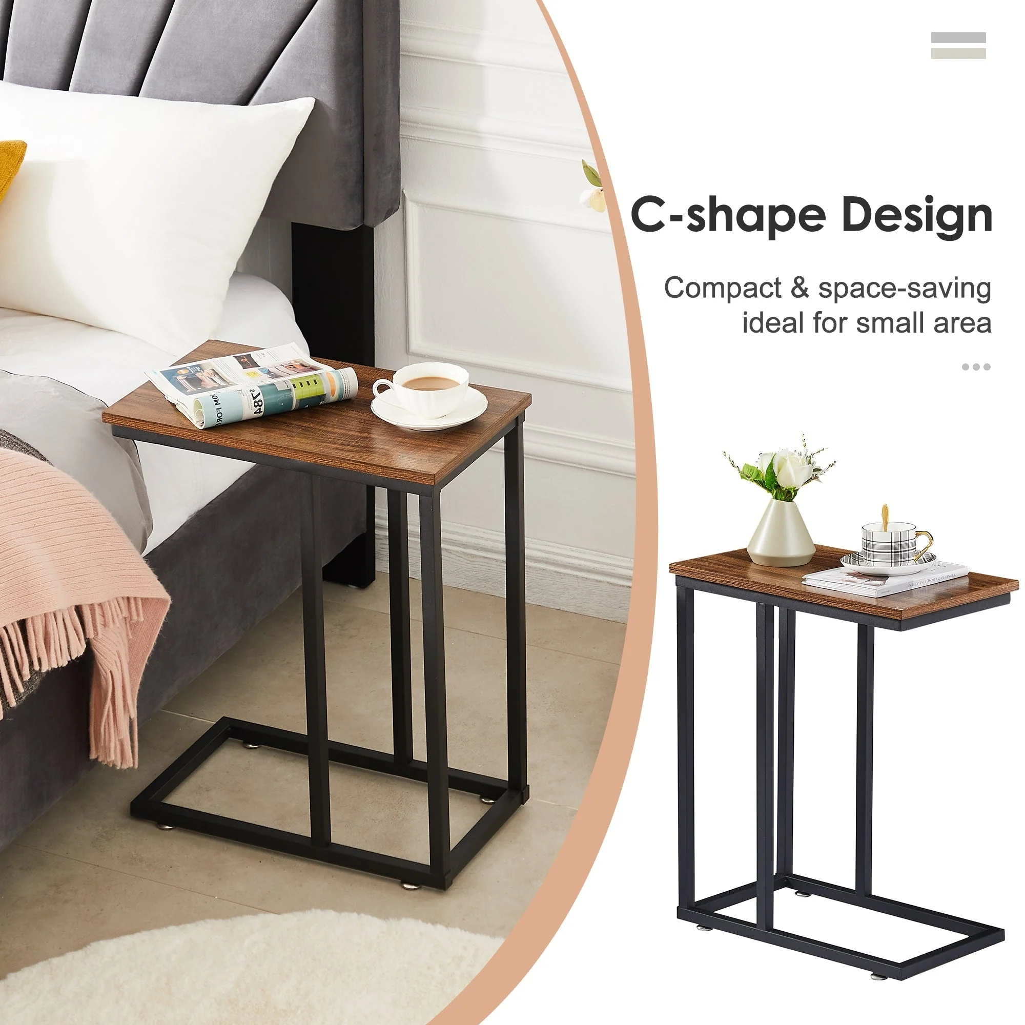 Set of 2 C-Shaped Sofa Side Tables, Small End Tables for Living Room, Bedside and TV Tray - Image 8