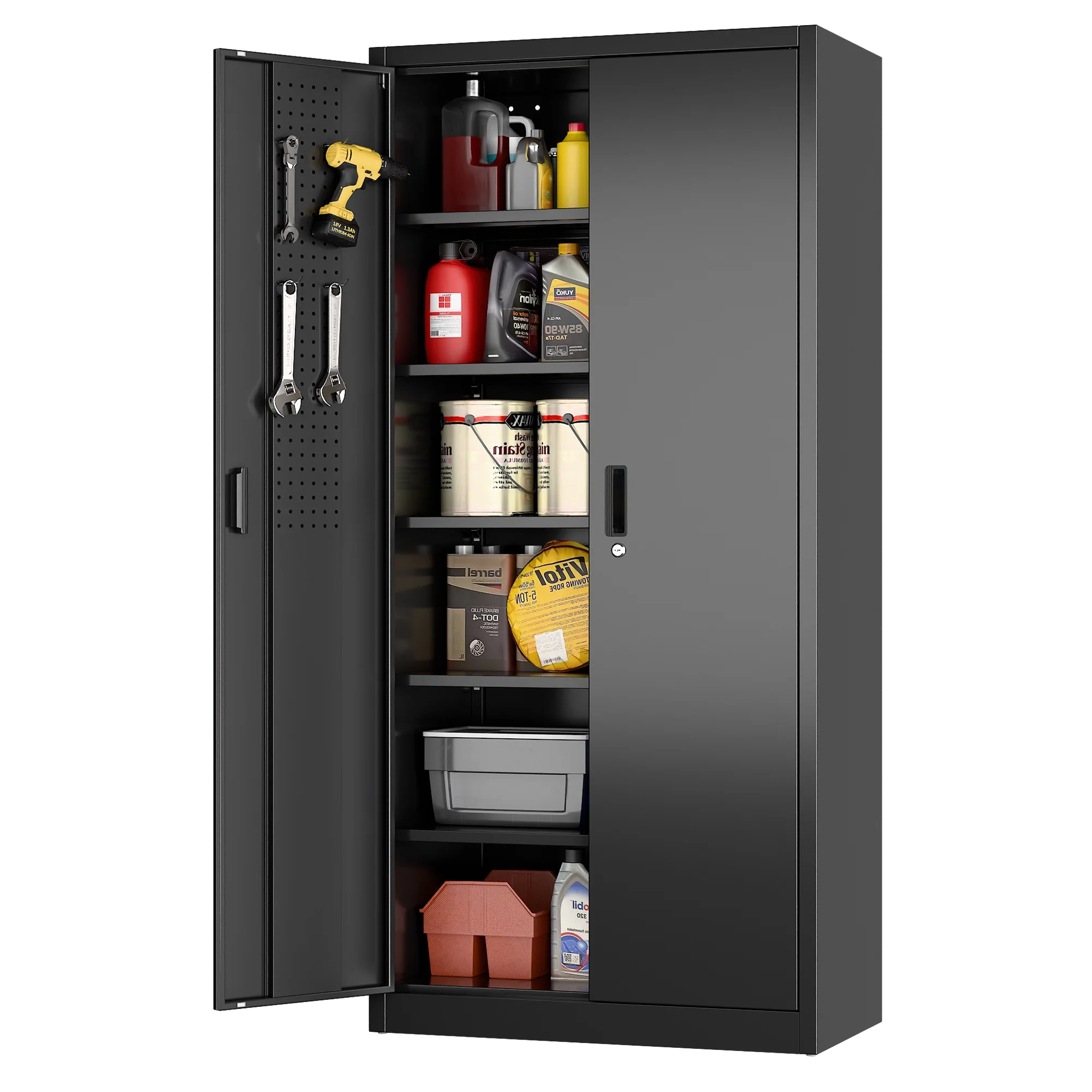 Aobabo Metal Storage Cabinet with Lock & Pegboard,Garage Storage Cabinet with 5 Adjustable Shelves,Tool Storage Cabinets for Home Office Garage,Assembly Required,Black - Image 6