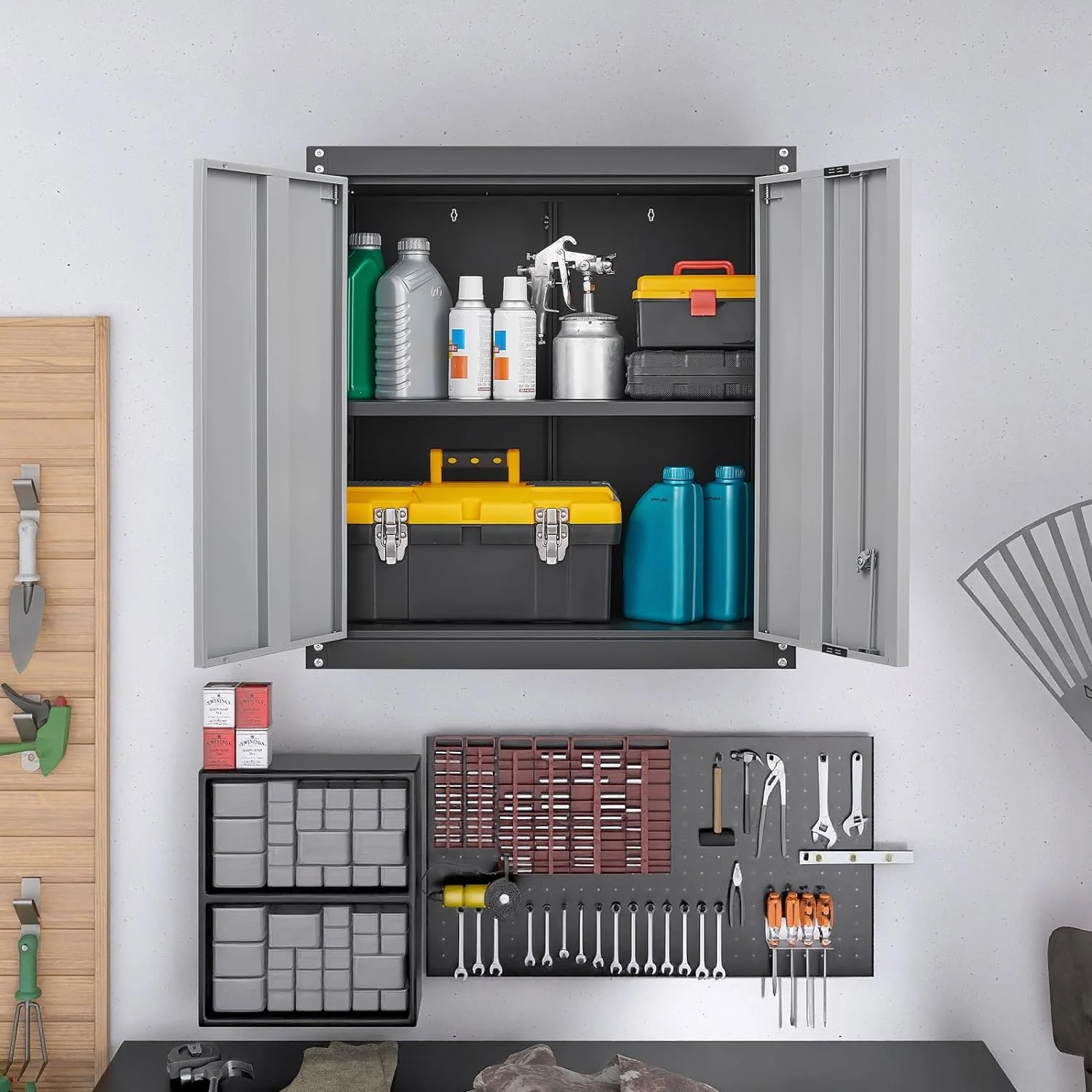 Garage Storage Cabinets Wall Mounted, 28-H Wall Cabinet Storage for Tools, Metal Cabinets with Doors and Shelves, Locking Wall Cabinet, Floating Garage Tool Cabinet for Warehouse - Image 2