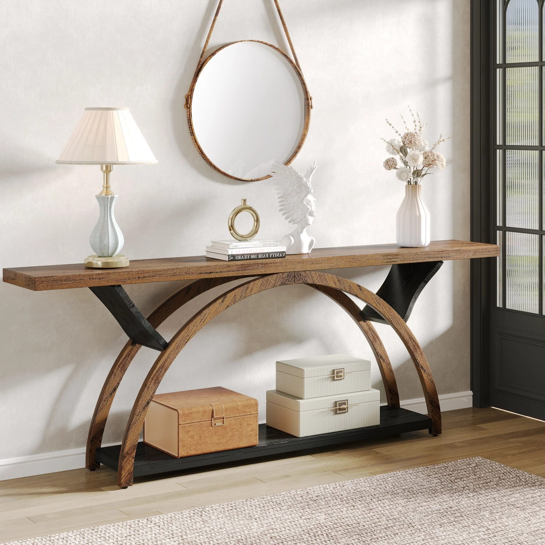 Gray 2-Tier Slim Console Sofa Table, Semi-Circular Metal Frame for Hallway - Image 20
