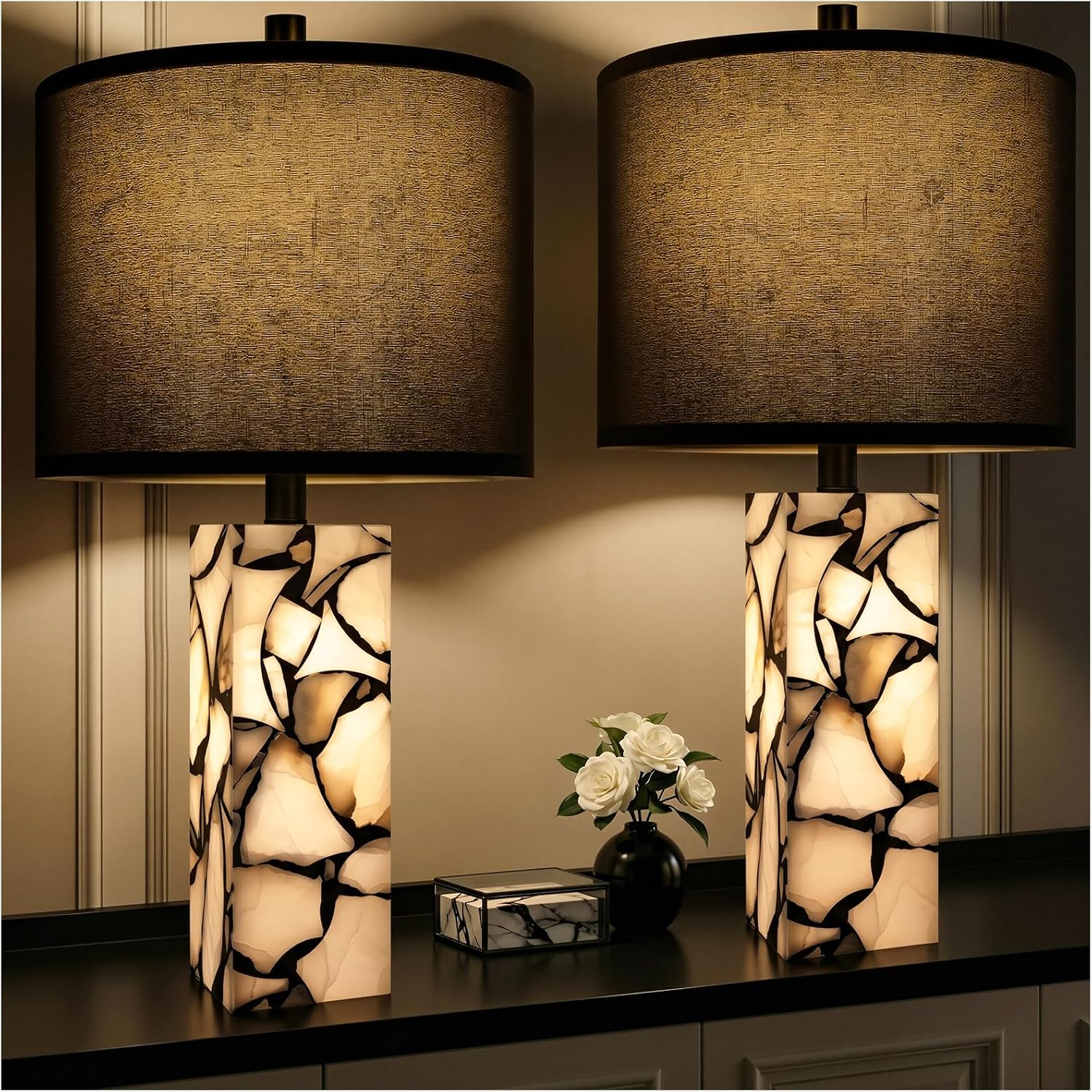 Alabaster Table Lamps with Night Light, Bedside Lamp with USB A+C - Image 9