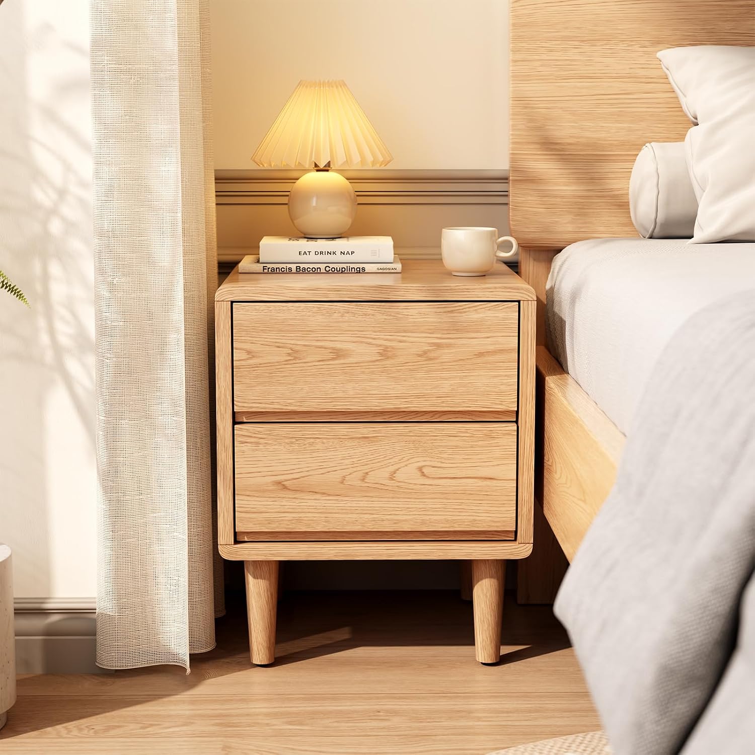Walnut Solid Wood Nightstand with Drawers, Mid Century Modern Nightstand with Storage, Small Bedside Table for Bedroom, Living Room & Office - Image 2