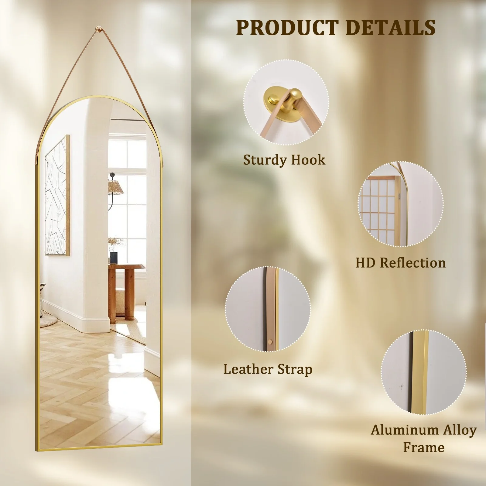 48 x 16 Inch Full Length Wall Mirror with Leather Strap, Hanging Full Body Mirror for Bedroom, Entryway and Home Decor - Image 8