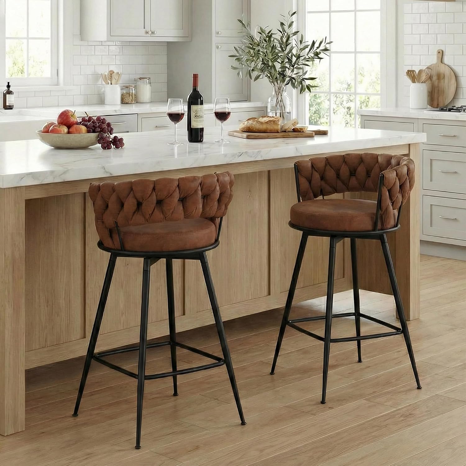 Bar Stools Set of 2 Upholstered Kitchen Counter Height Barstool Grey - Image 3