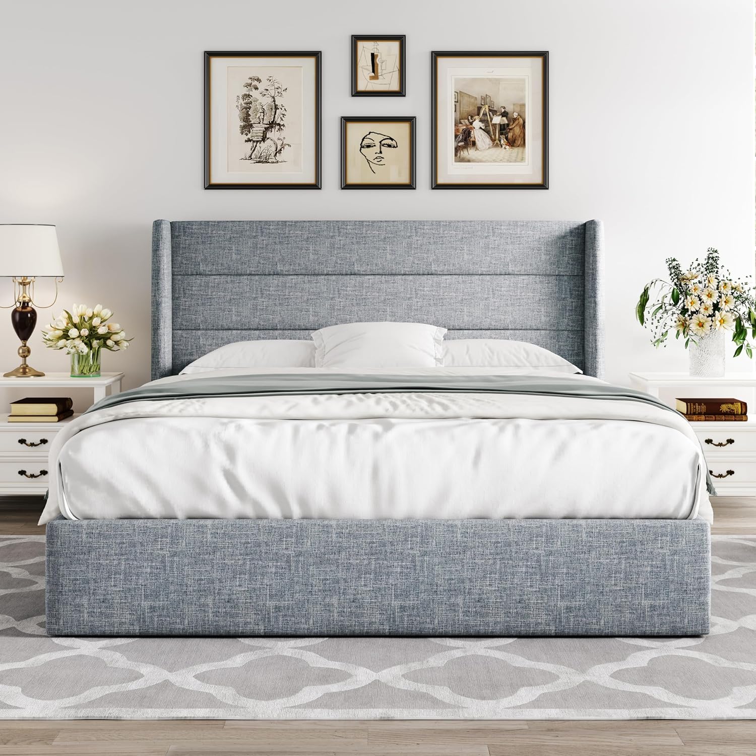 Queen Size Lift Up Storage Bed with Wingback Headboard, Upholstered Platform Bed Frame with Hidden Storage - Image 175