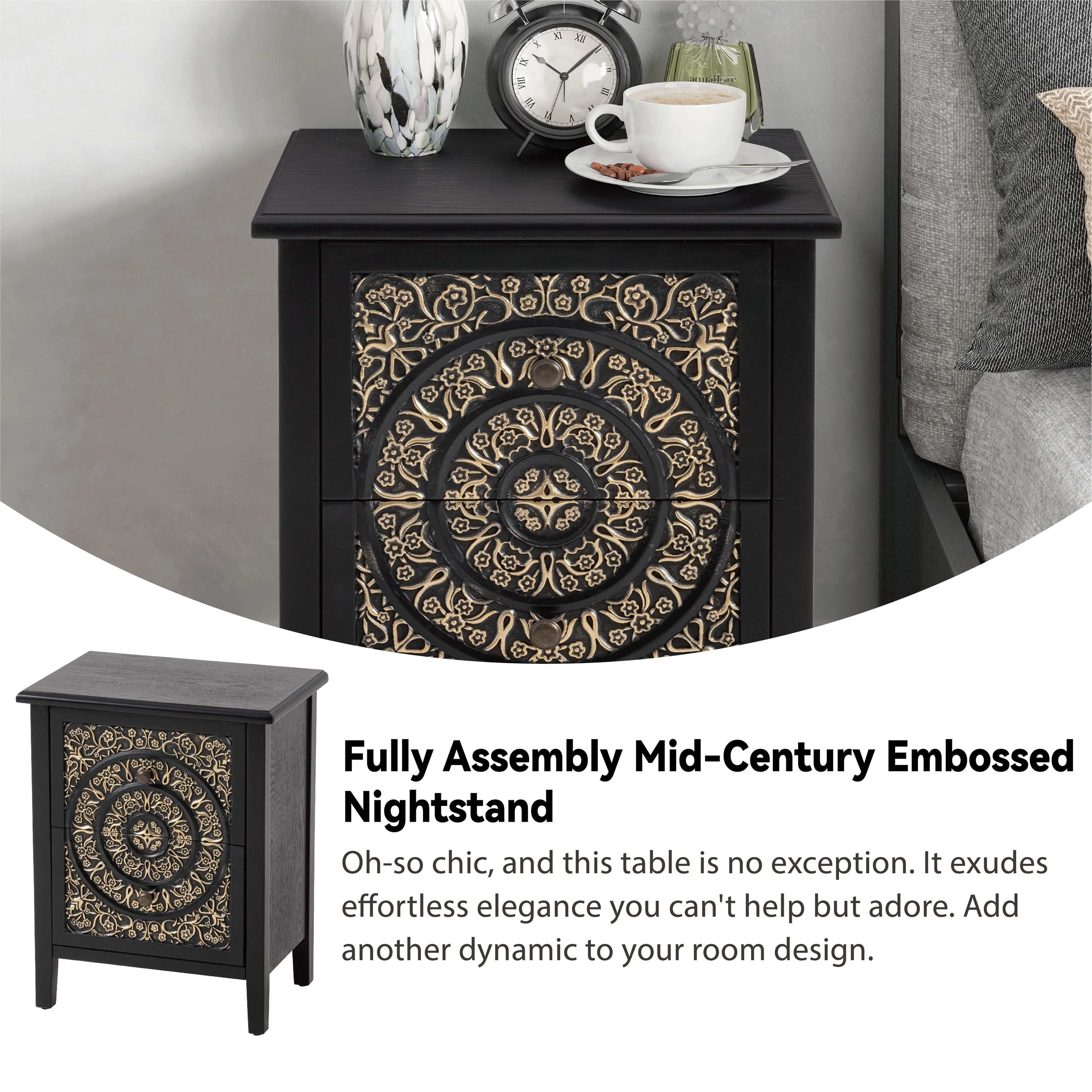 Farmhouse Fully Assembled Nightstand with 2 Drawers, Flower Motif End Table for Small Spaces - Image 16