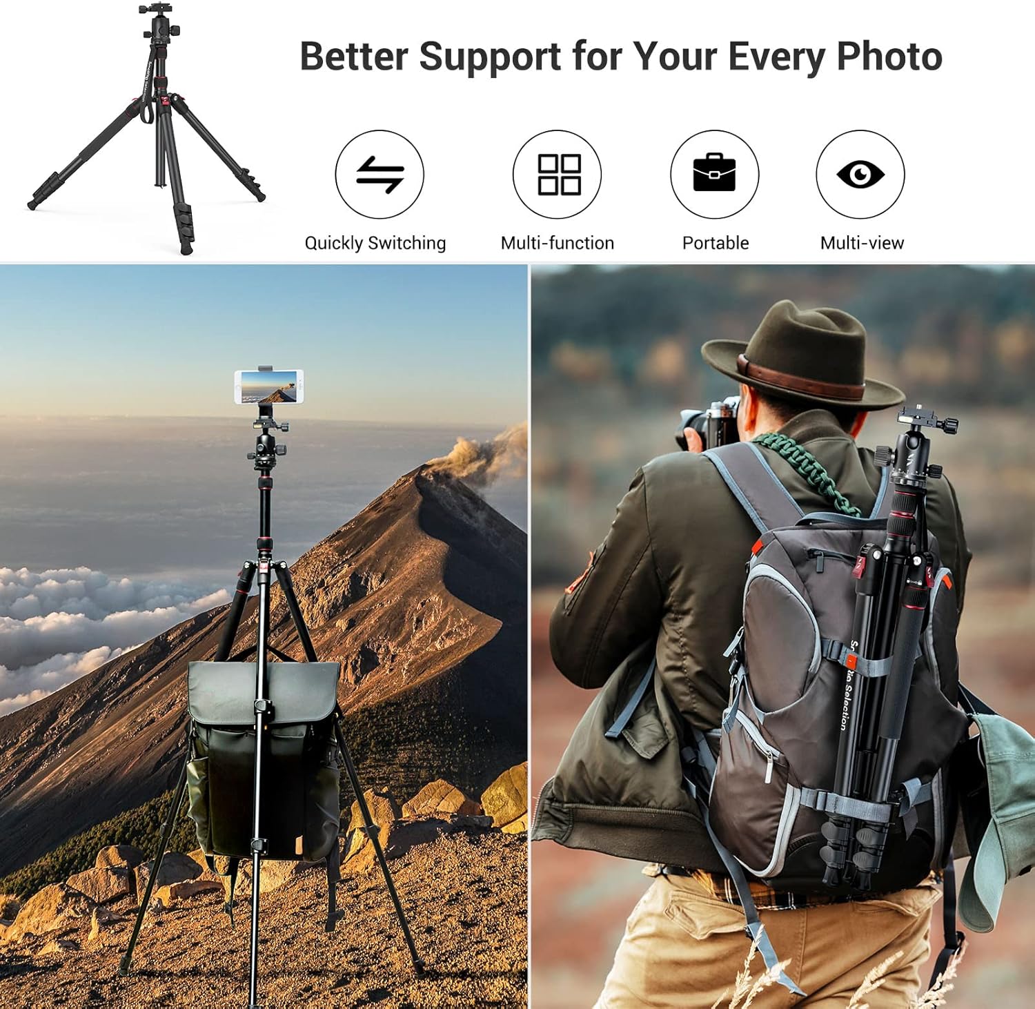 71" Foldable Aluminum Camera Tripod and Monopod, Adjustable Photography Tripod Stand for Cameras and Video - Image 7