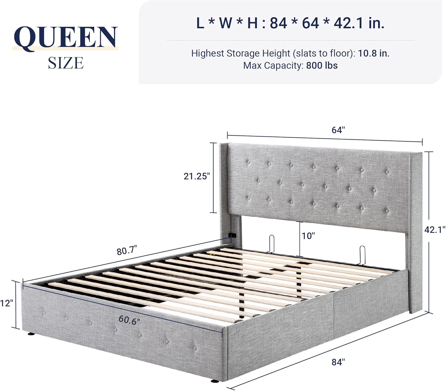 Queen Size Lift Up Storage Bed with Wingback Headboard, Upholstered Platform Bed Frame with Hidden Storage - Image 115