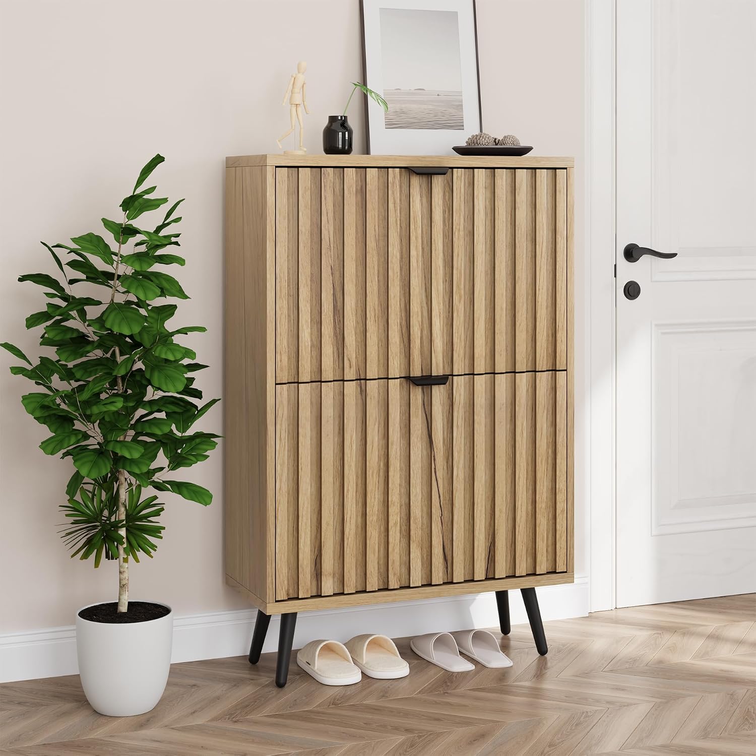 Shoe Cabinet with 2 Flip Drawers, 23.6" Natural Hidden Shoe Storage Cabinet with Fluted Design, Freestanding Shoe Organizer Cabinet for Entryway, Hallway, Closet, Living Room - Image 2