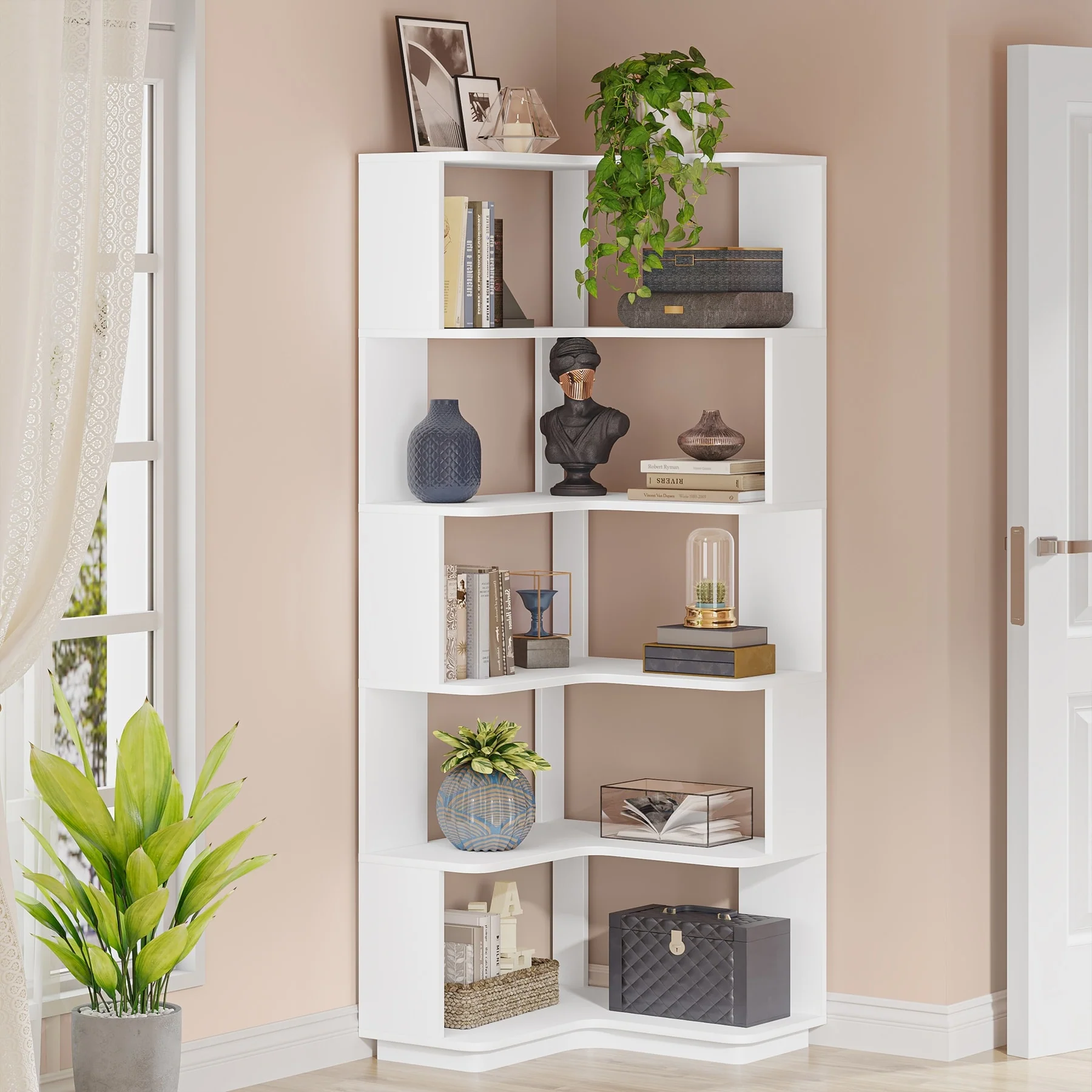 64.9 Inch Tall 6-Tier Corner Bookshelf, Freestanding Wood Industrial Bookcase - Image 21