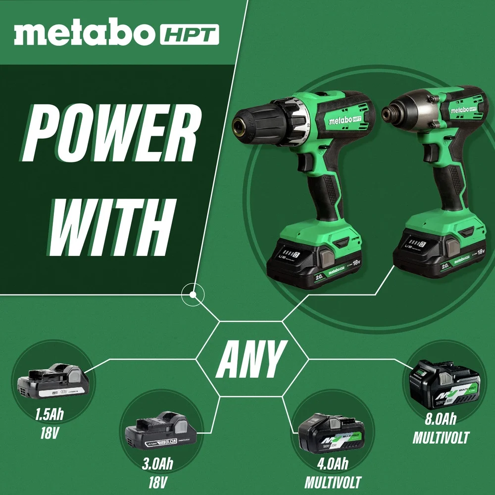 Metabo HPT 18V MultiVolt Hammer Drill and Impact Driver Combo Kit | Cordless | 2-2.0Ah Li-Ion Batteries w/Fuel Gauge | Lifetime Tool Warranty | KC18DFX - Image 3