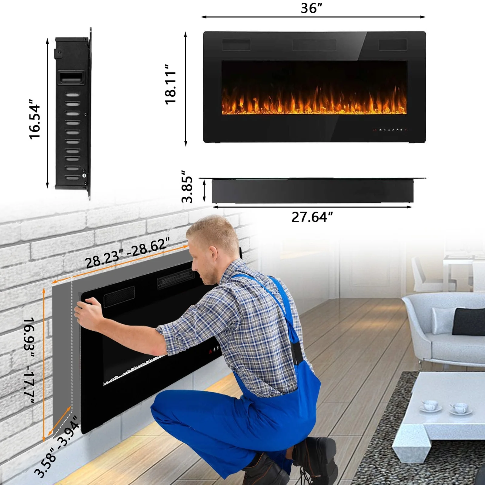 30-72 Inch Ultra-Thin Electric Fireplace, Linear Recessed Wall Mounted Fireplace with Remote Control - Image 8