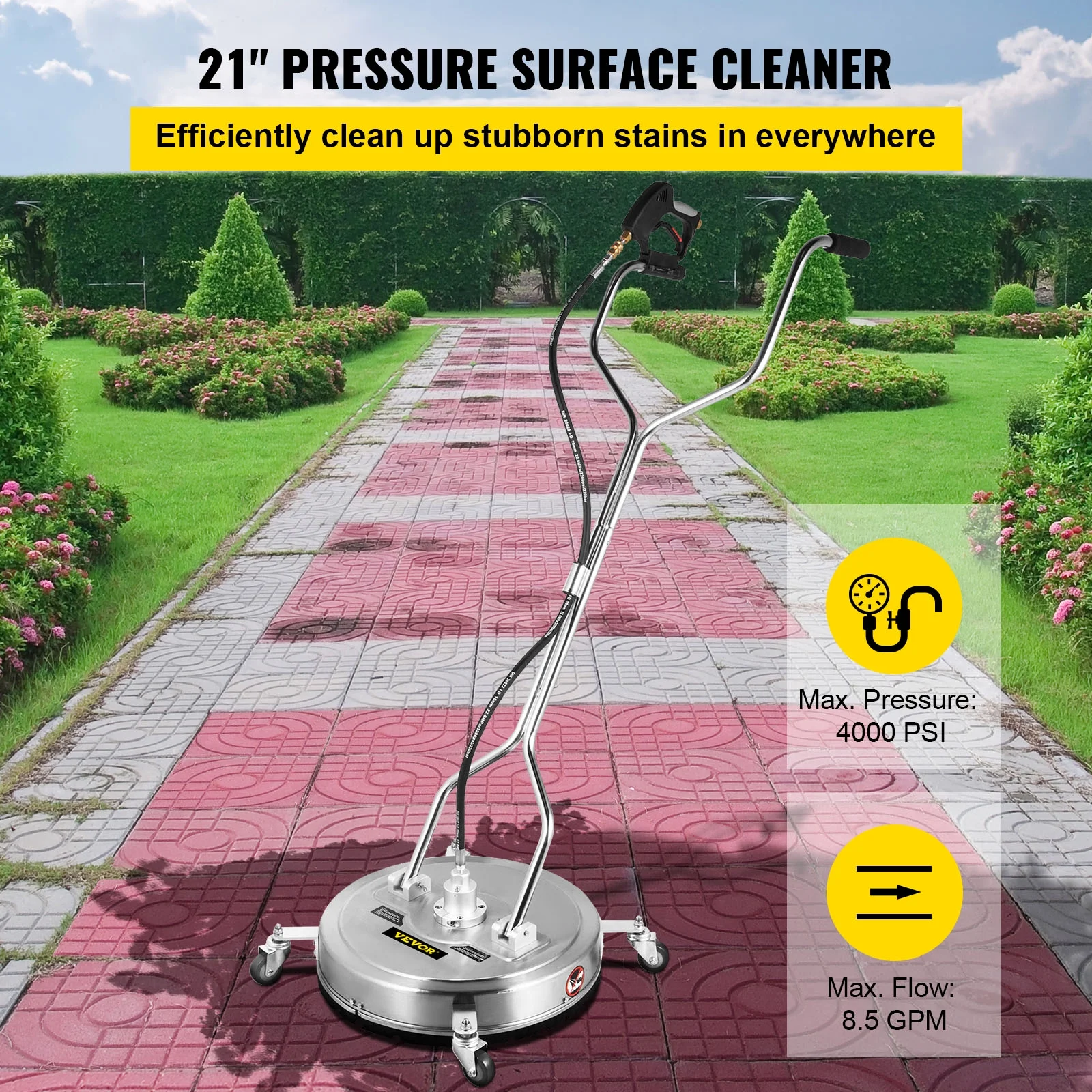 VEVOR 21" Surface Cleaner Pressure Flat Surface Cleaning 4000 PSI Max Working Pressure Flat Surface Cleaner Stainless Steel Rotating Surface Cleaner with 3 Nozzle Front Spray Bar - Image 5