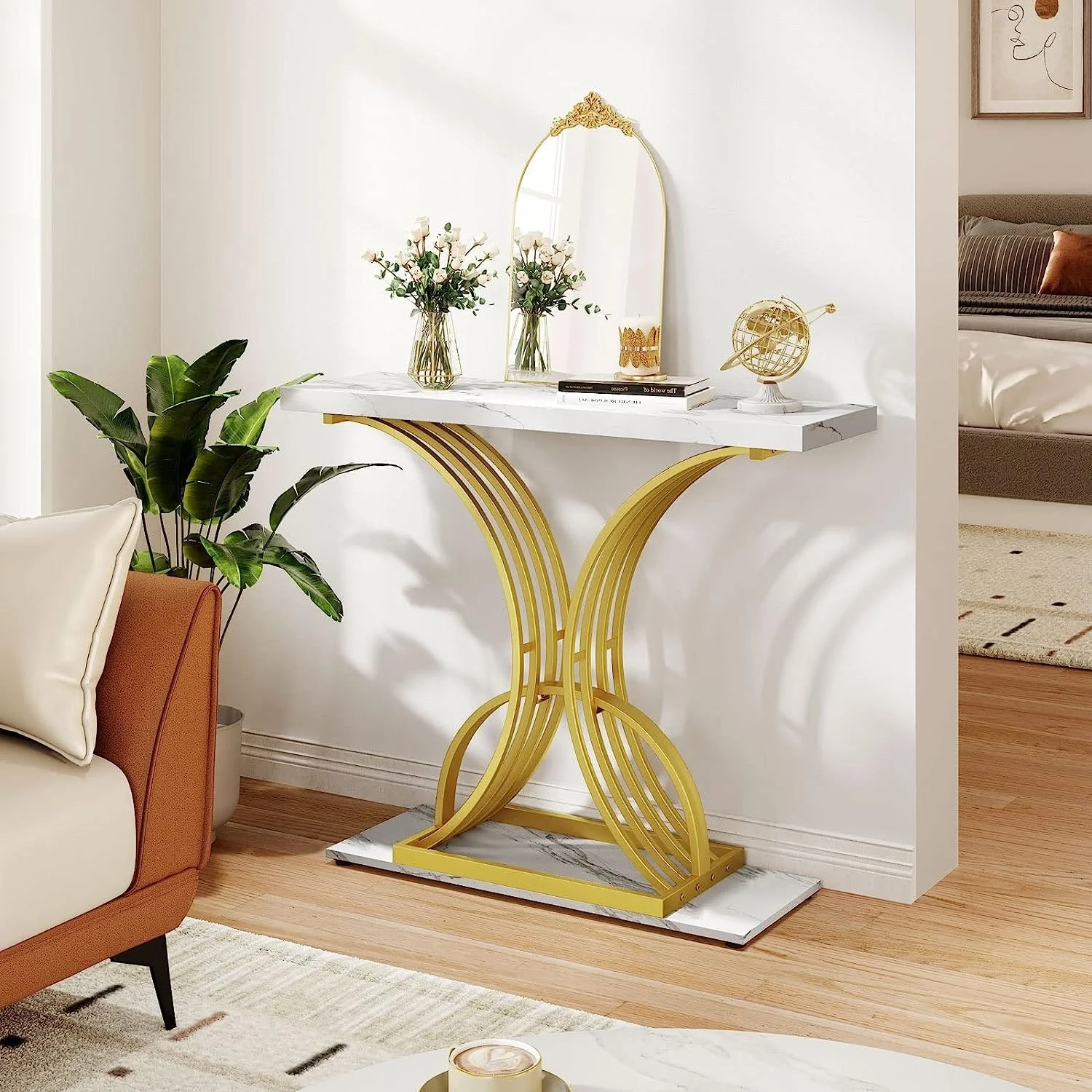 Modern Gold Console Table with Marbled Top, Sofa Table for Entryway and Hallway - Image 13