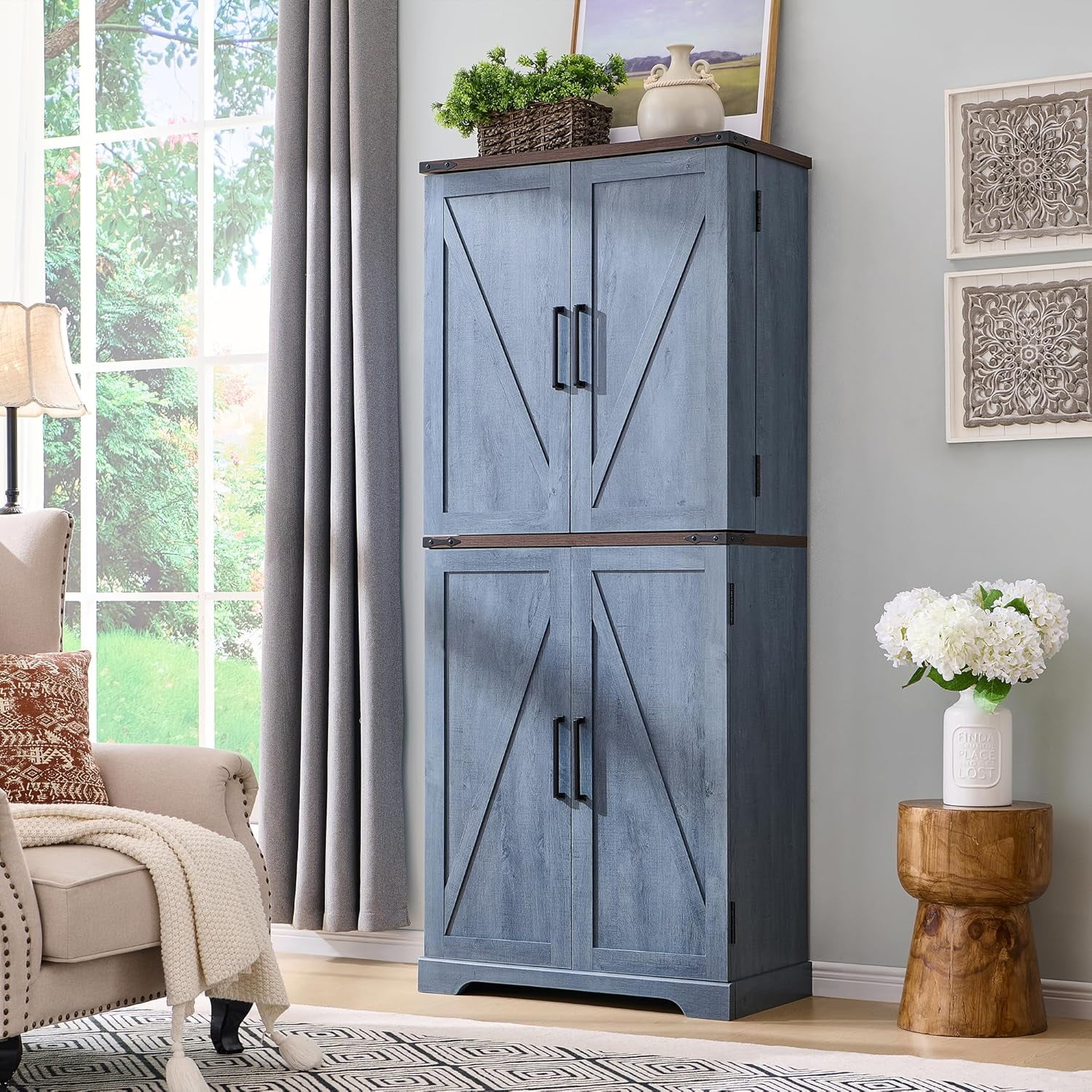 47" Kitchen Pantry, Farmhouse Storage Cabinet with Barn Doors, Organizer and Adjustable Shelves, Rustic Wood Cupboard for Kitchen, Dining Room, Bathroom and Hallway, Black - Image 17