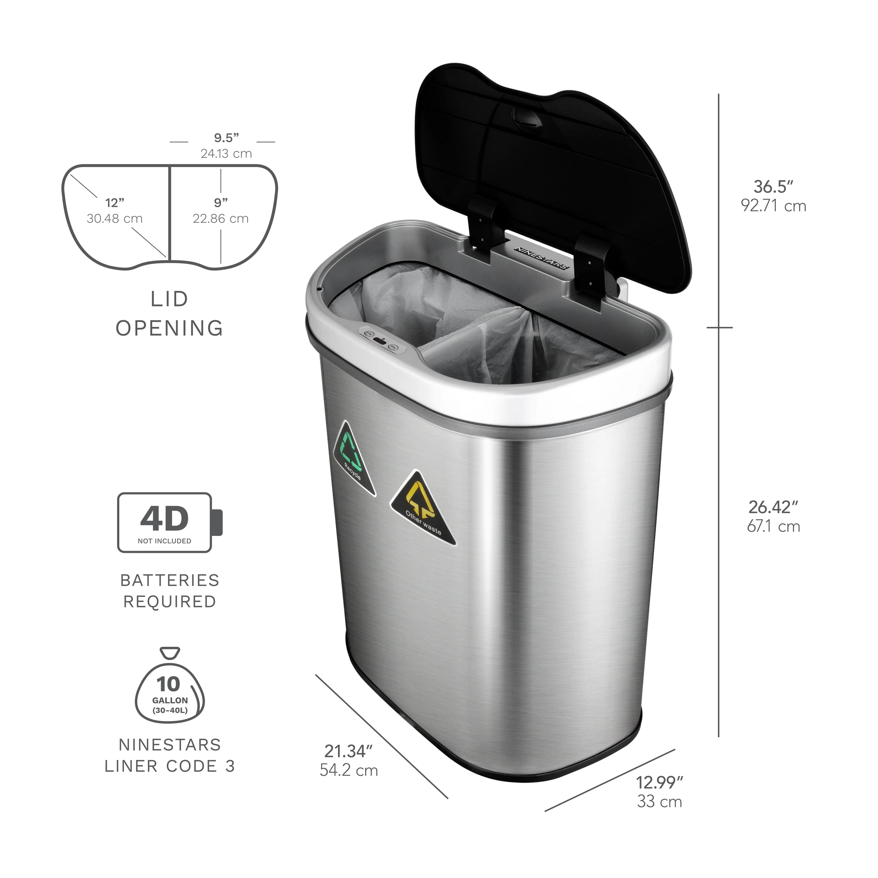 18 Gallon Dual Compartment Motion Sensor Trash Can, Automatic Hands-Free Kitchen Garbage Bin - Image 2