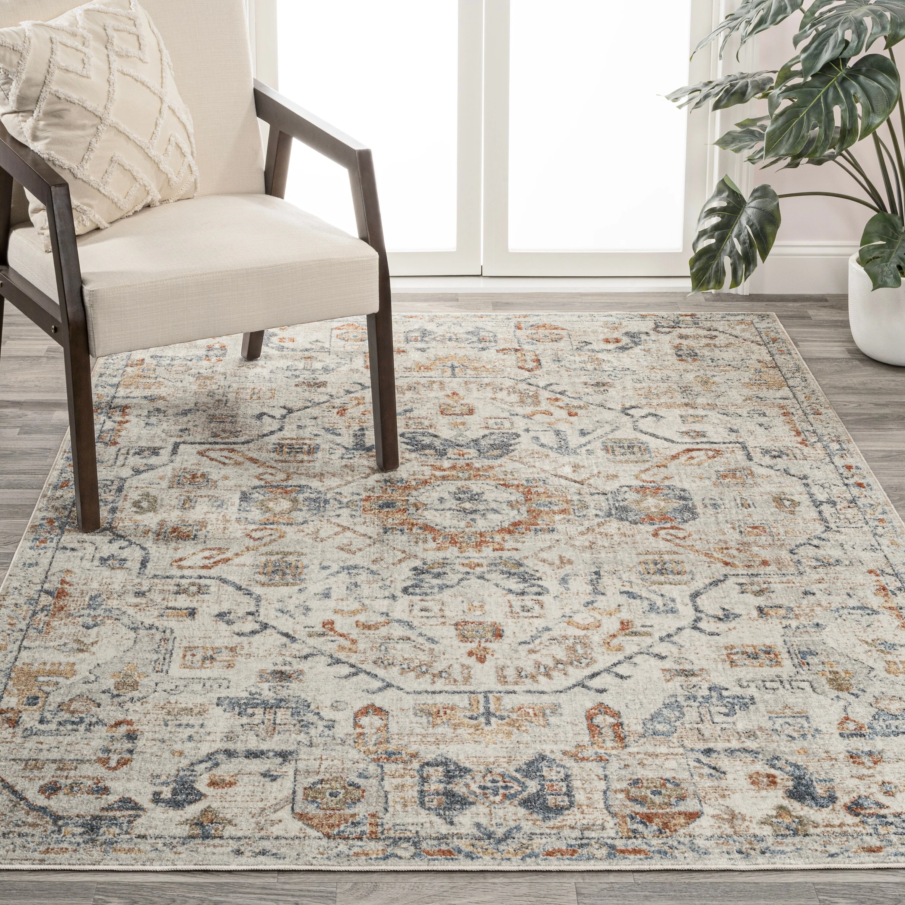 Bohemian Medallion Low-Pile Machine-Washable Area Rug, Cream and Terra - Image 47