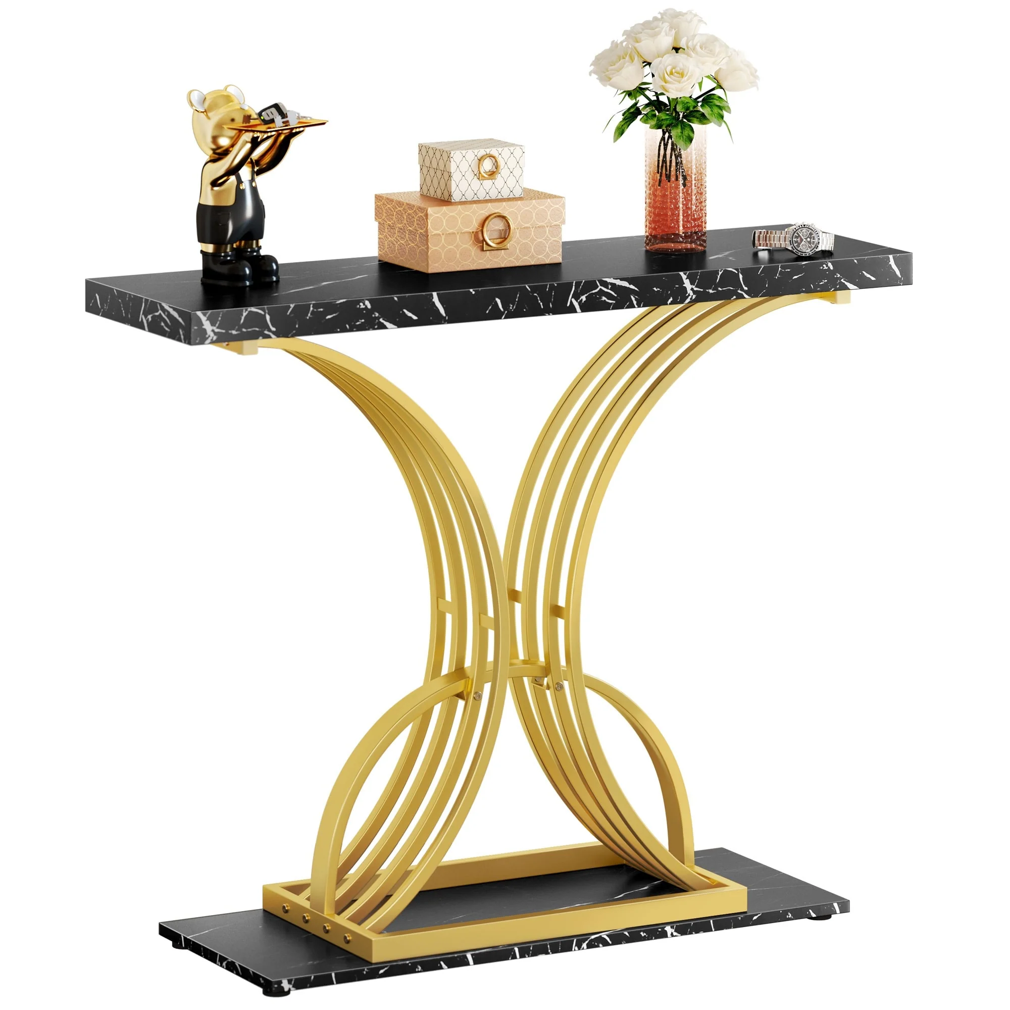 Modern Gold Console Table with Marbled Top, Sofa Table for Entryway and Hallway - Image 3