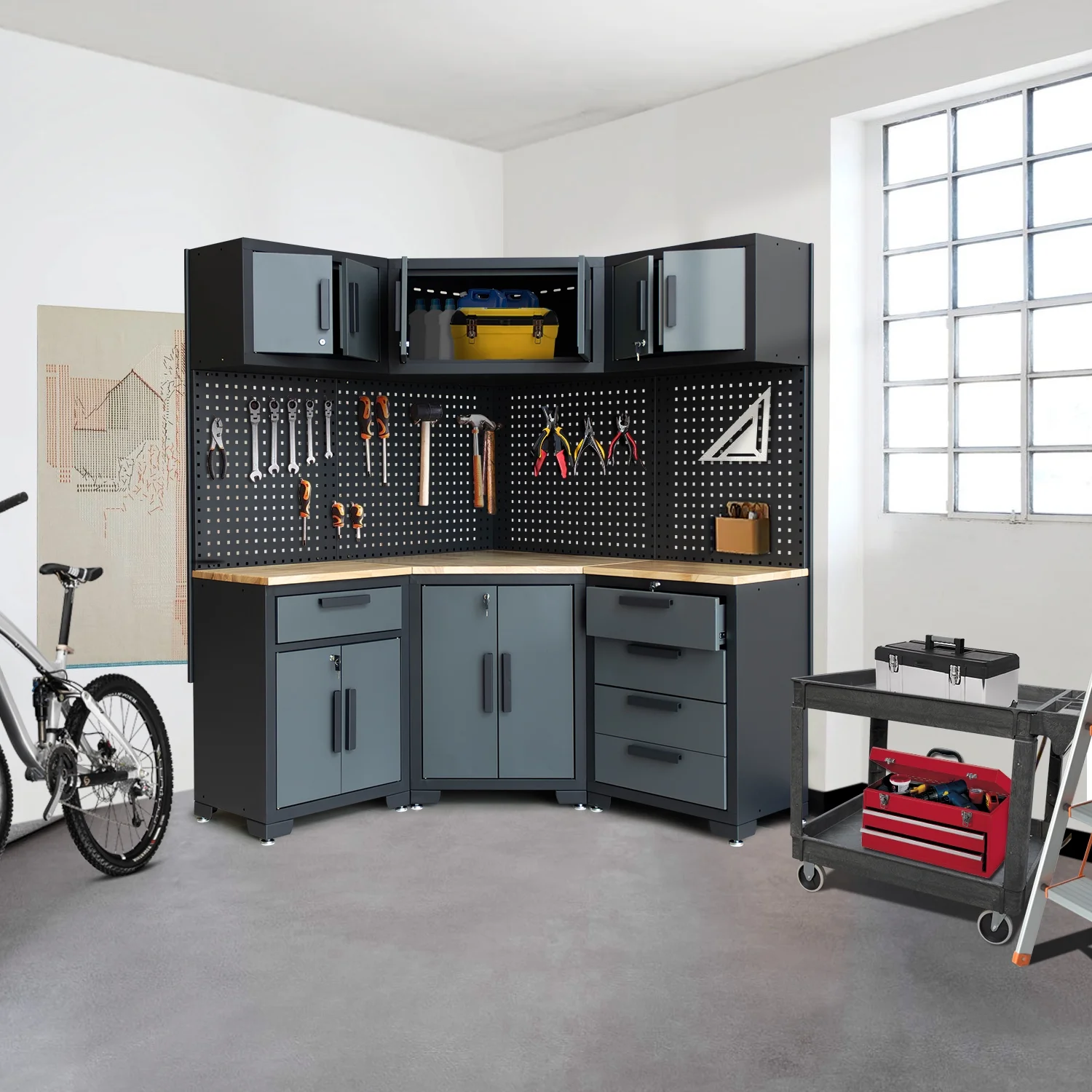 HPDMC Garage Storage Cabinet System 7-Pcs Workshop Set Metal Garage Cabinets System with Steel Cabinet Drawers, Workbench, Pegboard for Garage Tool Organization - Image 15