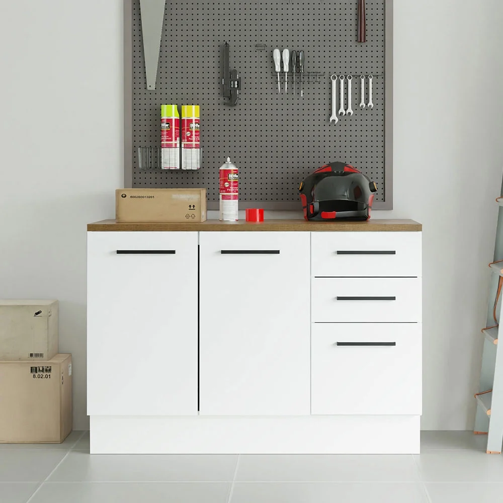 Madesa Garage and Utility Room Base Storage Cabinet with 2 Doors and 3 Drawers Storage Shelves 47 Inch Wooden Organization Unit - White - Image 7