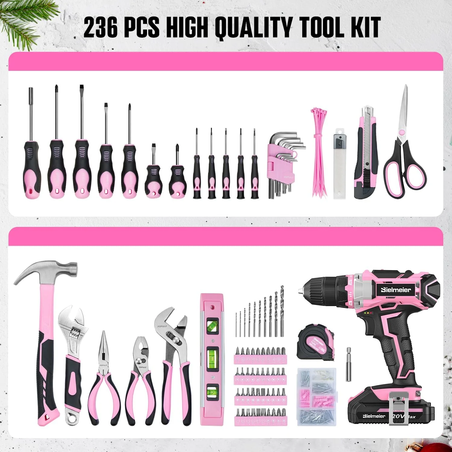 20V 236Pcs Cordless Pink Drill Set - Essential Women's Pink Tool Set, Lady's Basic Home Tool Kit with Pink Tool Bag - All in One Pink Tool Kit Ideal for DIY, Home Improvement - Image 2