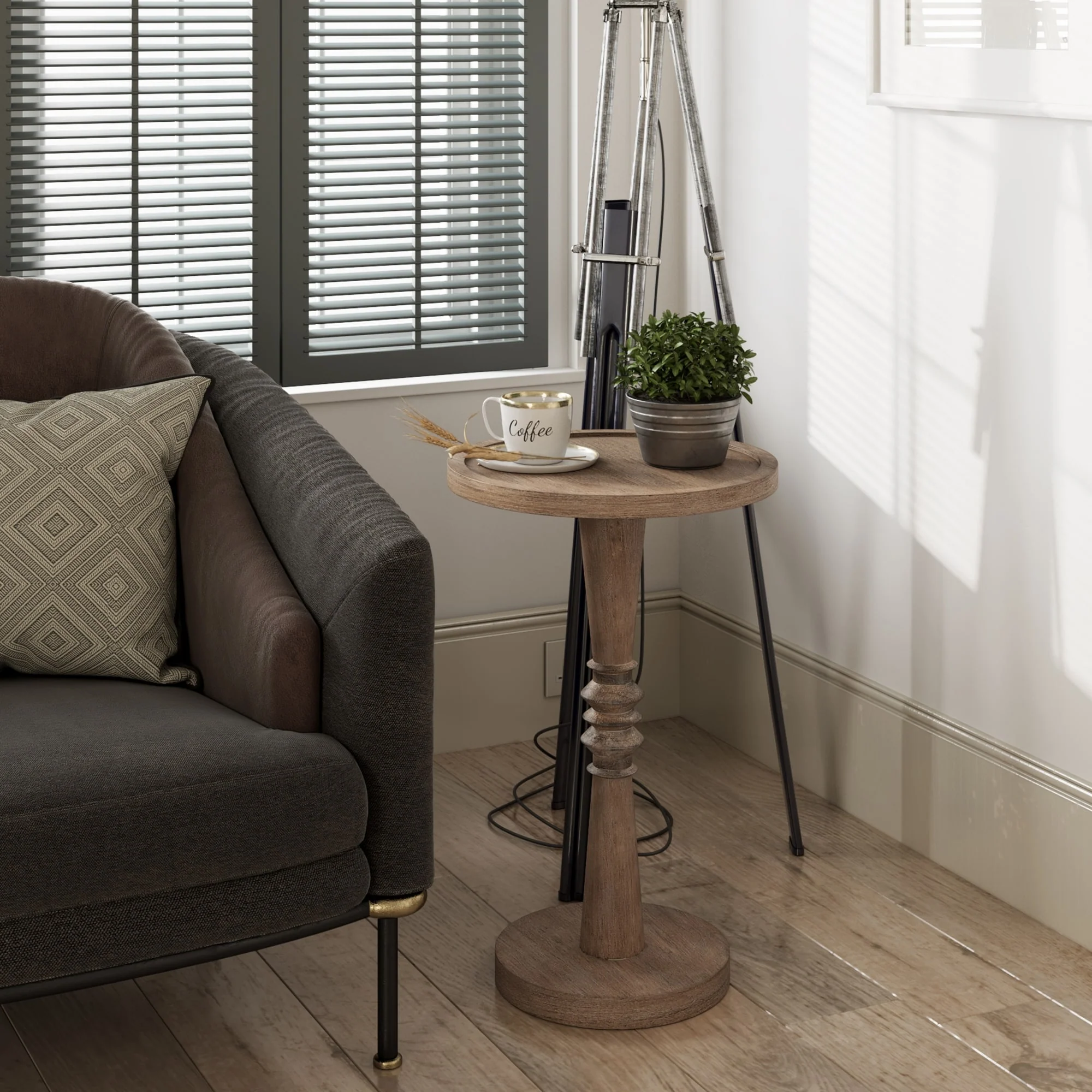 Small Pedestal End Table with Tray Top, Farmhouse Distressed Finish Accent Table - Image 14