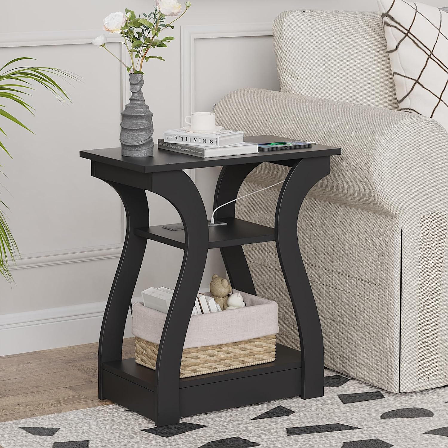 End Tables Living Room Set of 2 with Charging Station, Grey - Image 11
