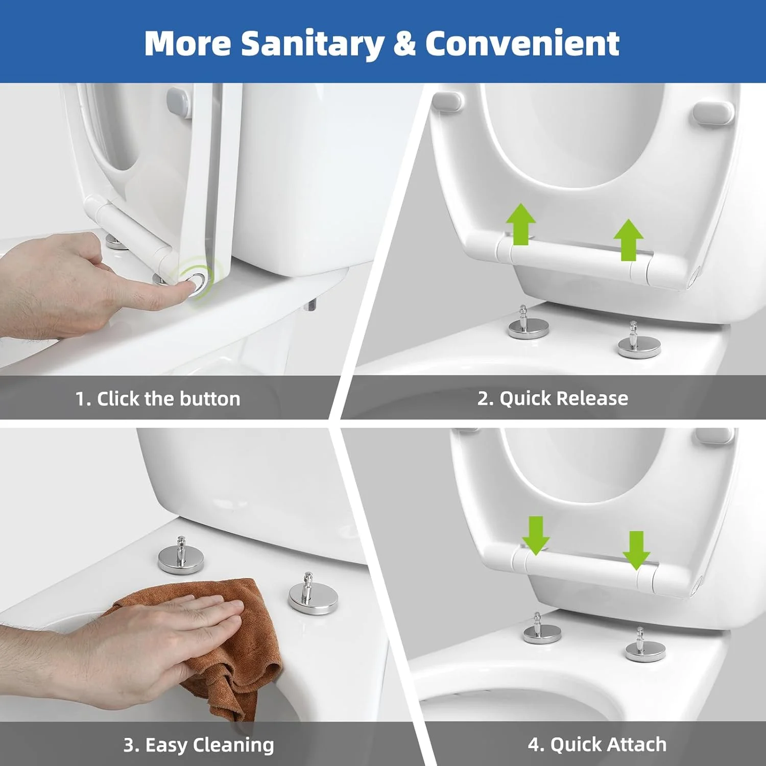 Elongated Toilet Seat with Softclose Cover, One-Click to Quick Release, Easy Installation & Cleaning, Compatible with TOTO/Gerber/Kohler, Non-Slip Toilet Bumpers, White - Image 4