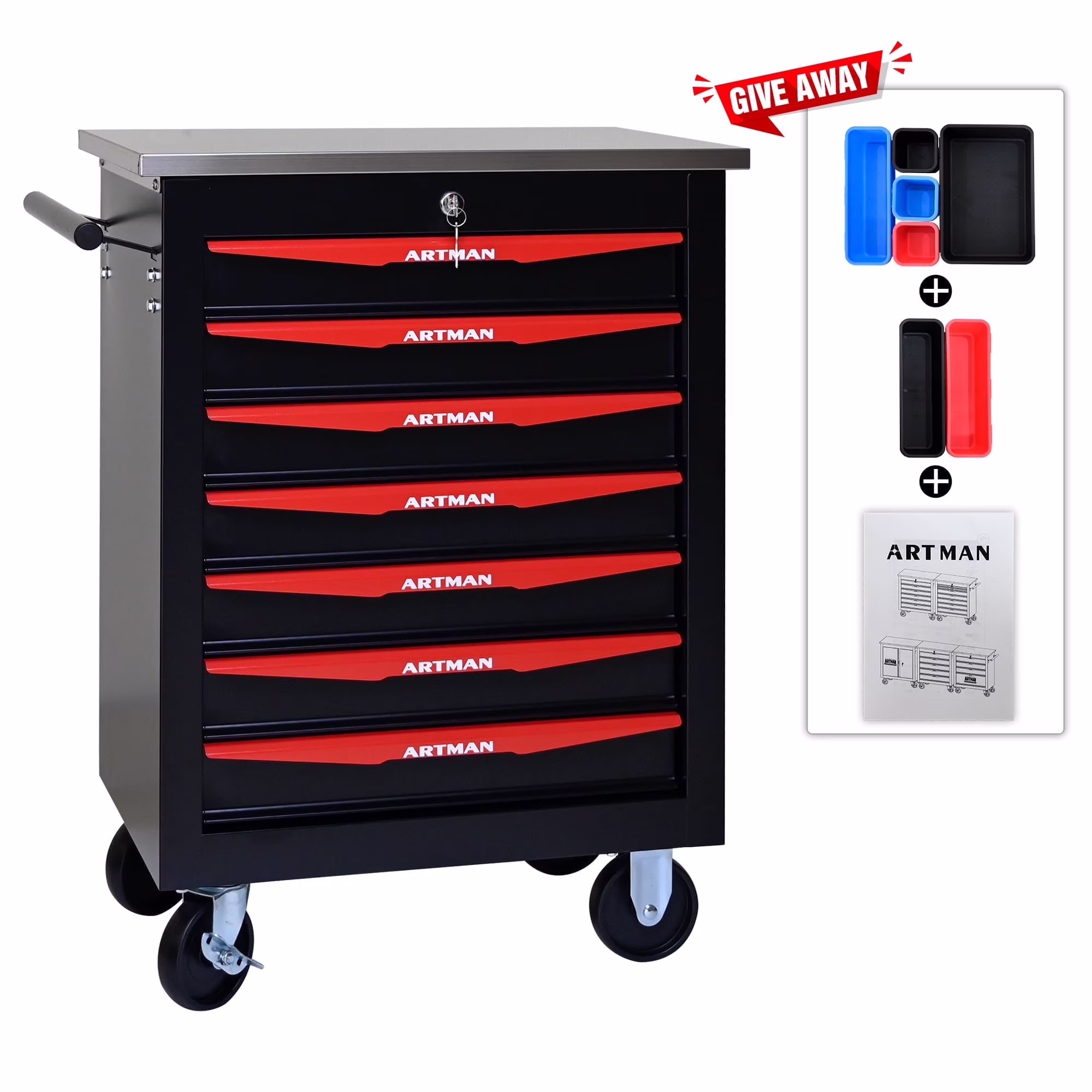 ARTMAN 6 Drawers Metal Rolling Storage Tool Chest Cabinet Cart with Wheels,with Key Locking and Parking Brake, Tool Box for Garage Workshop Warehouse - Image 9