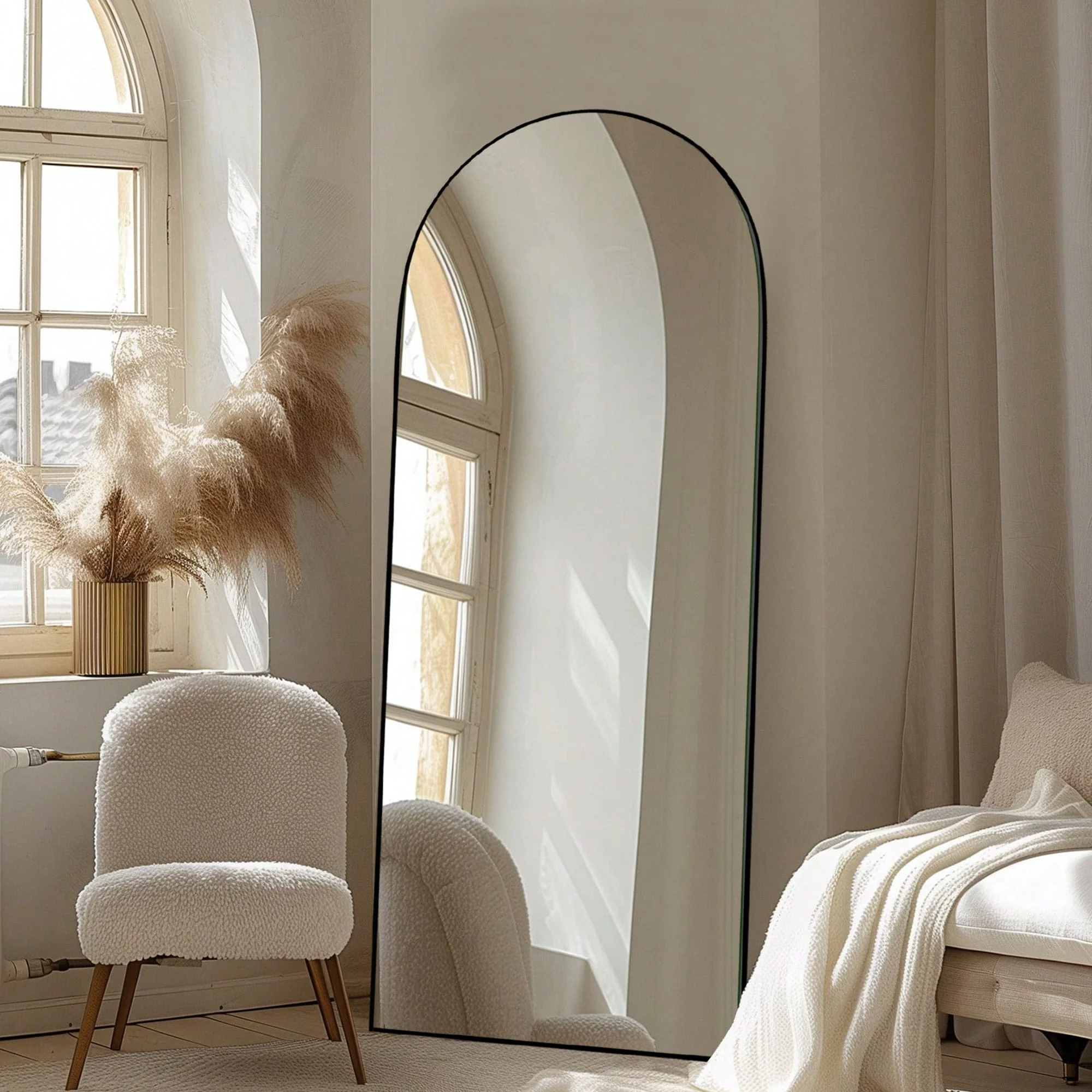 Arched Full Length Wood Floor Mirror, Full Body Standing and Wall Mounted Mirror for Bedroom, Living Room and Home Decor - Image 59