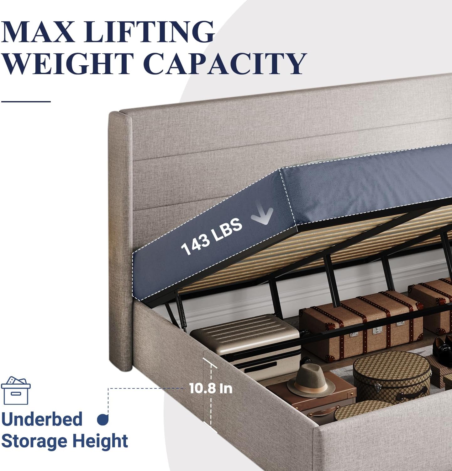 Queen Size Lift Up Storage Bed with Wingback Headboard, Upholstered Platform Bed Frame with Hidden Storage - Image 96