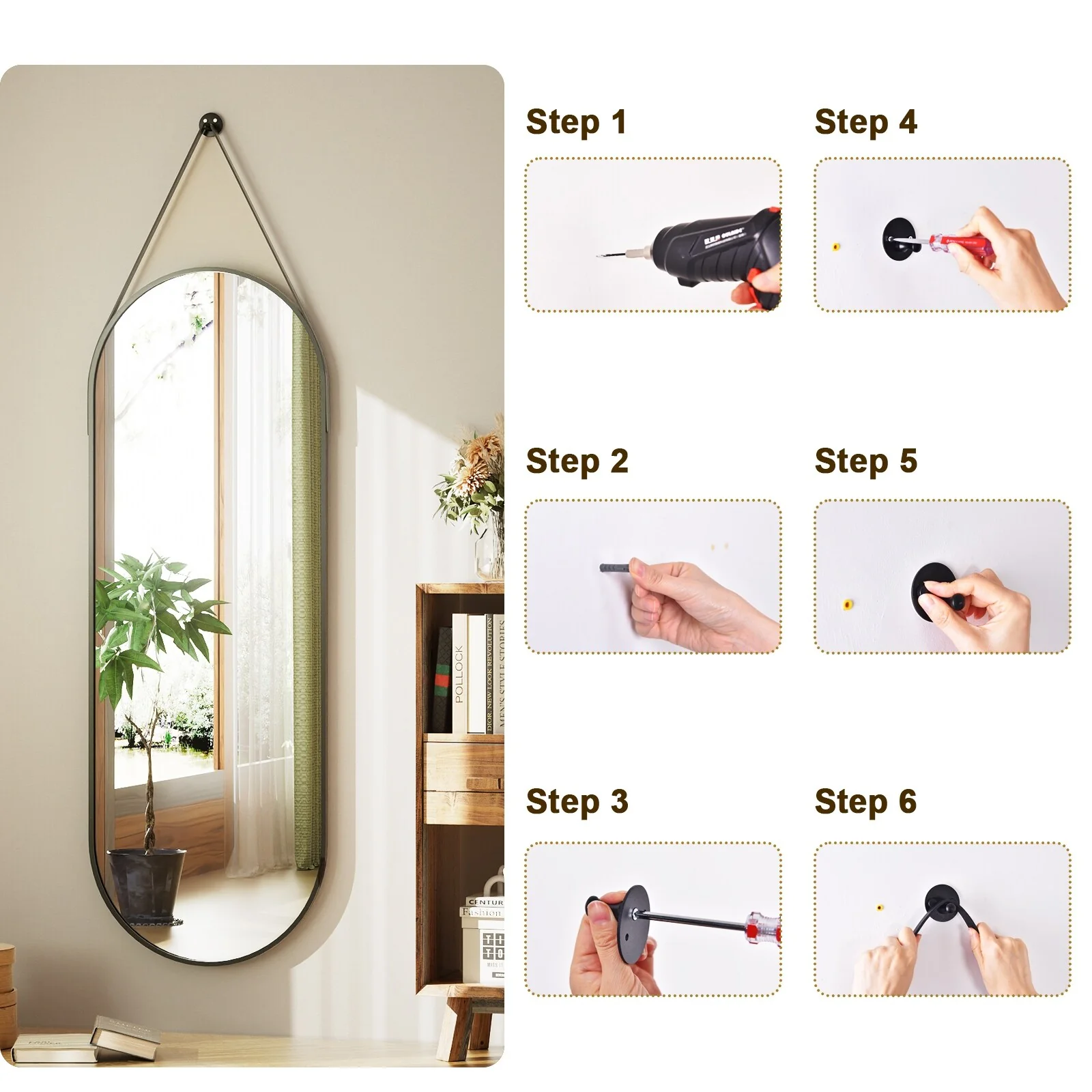 48 x 16 Inch Full Length Wall Mirror with Leather Strap, Hanging Full Body Mirror for Bedroom, Entryway and Home Decor - Image 17