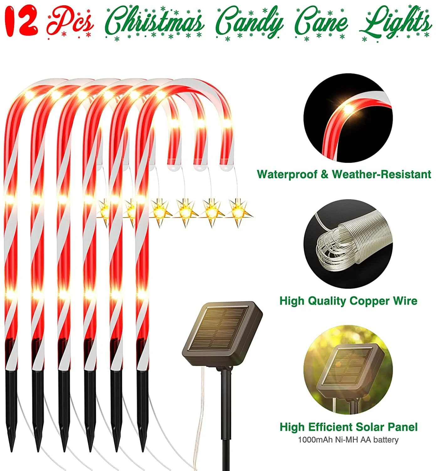 Outdoor Christmas Decorations,12 Pack Solar Christmas Candy Cane Lights with Wireless Remote Control & Bigger Solar Panel, 9 Modes Bright All Night Solar Christmas Yard Pathway Decorations - Image 2